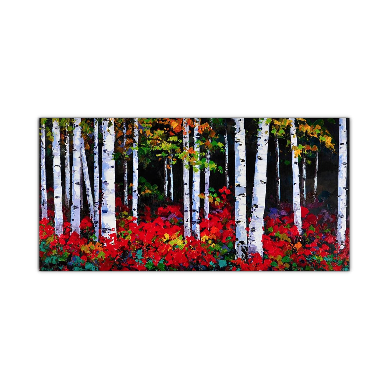 An oil painting on canvas depicting a vibrant forest scene with autumn leaves in red, orange, and green colors, and white birch trees in the background.