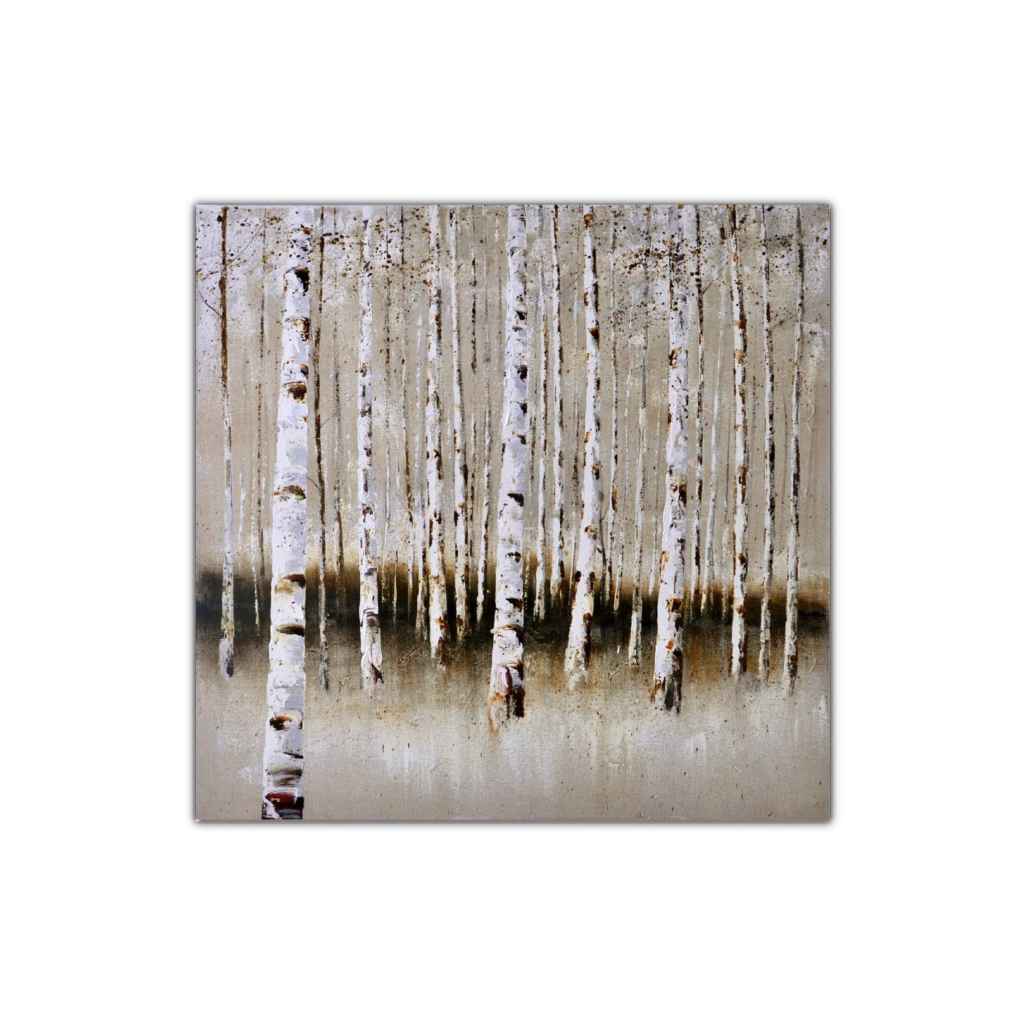 An oil painting depicting a forest scene with white birch-like trees against a muted background.