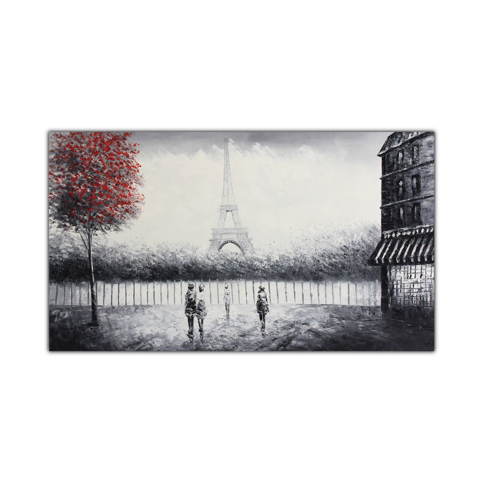 An oil painting on canvas depicting a cityscape with the Eiffel Tower, primarily in grayscale with red accents, presented in a horizontal orientation.