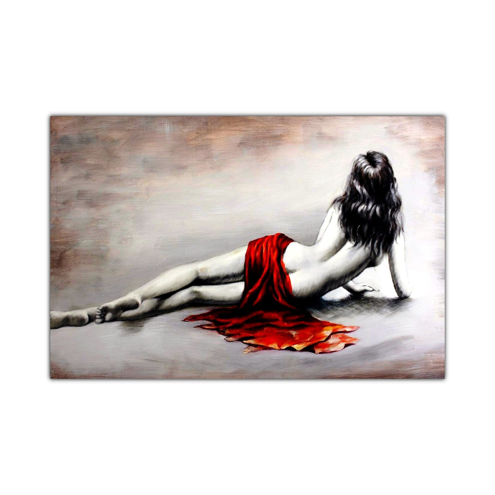 This image features an oil painting on canvas, portraying a minimalist depiction of a woman's figureinterrupted by a vivid splash of red. The artwork, characterized by its contemporary and impressionistic style, uses a blend of shadows and lines to create a simple yet elegant representation of the human form.