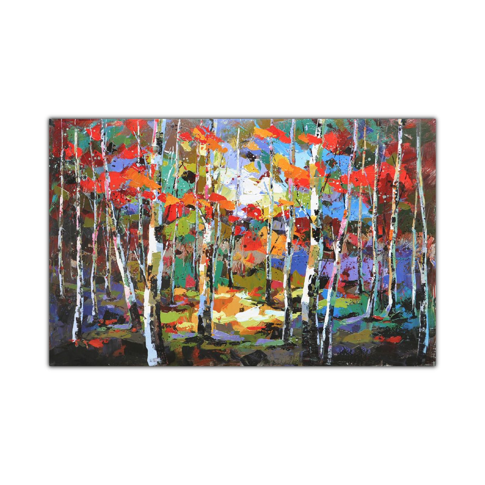 An oil painting on canvas depicting a vibrant forest scene with numerous trees and flying butterflies, primarily in shades of green, with a blue and white sky.