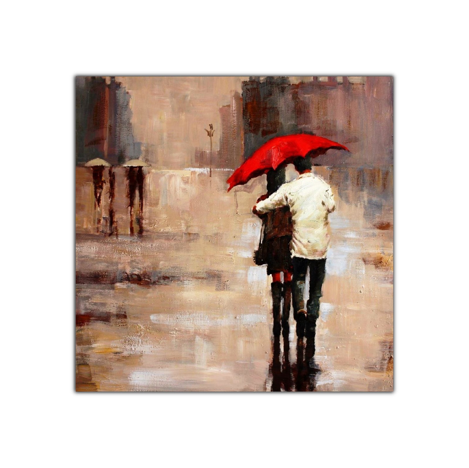 Oil painting depicting a city street scene with a couple walking under a red umbrella in the rain, surrounded by darker, blurred figures in the background.