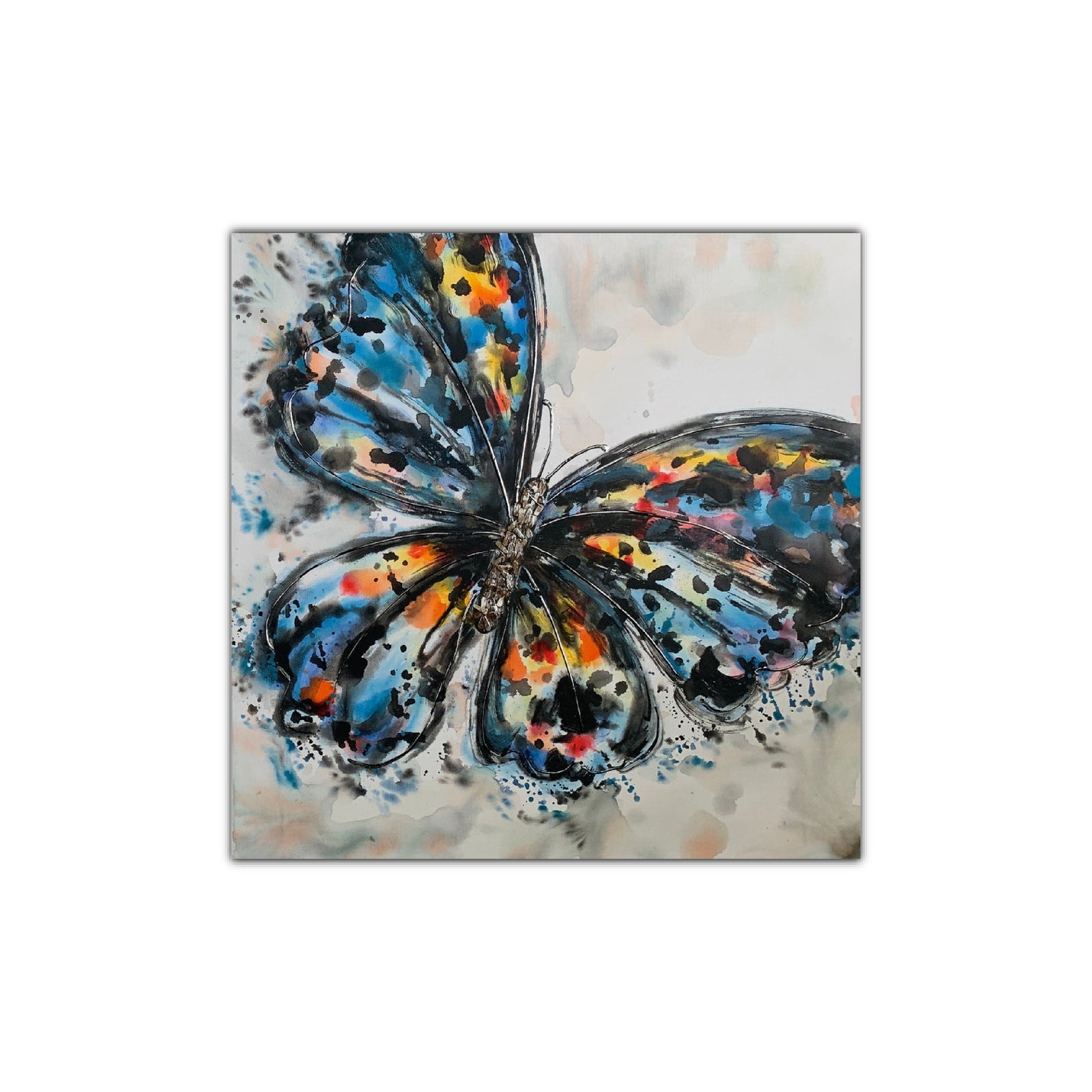 Handmade oil painting on canvas depicting a colorful butterfly with abstract patterns.