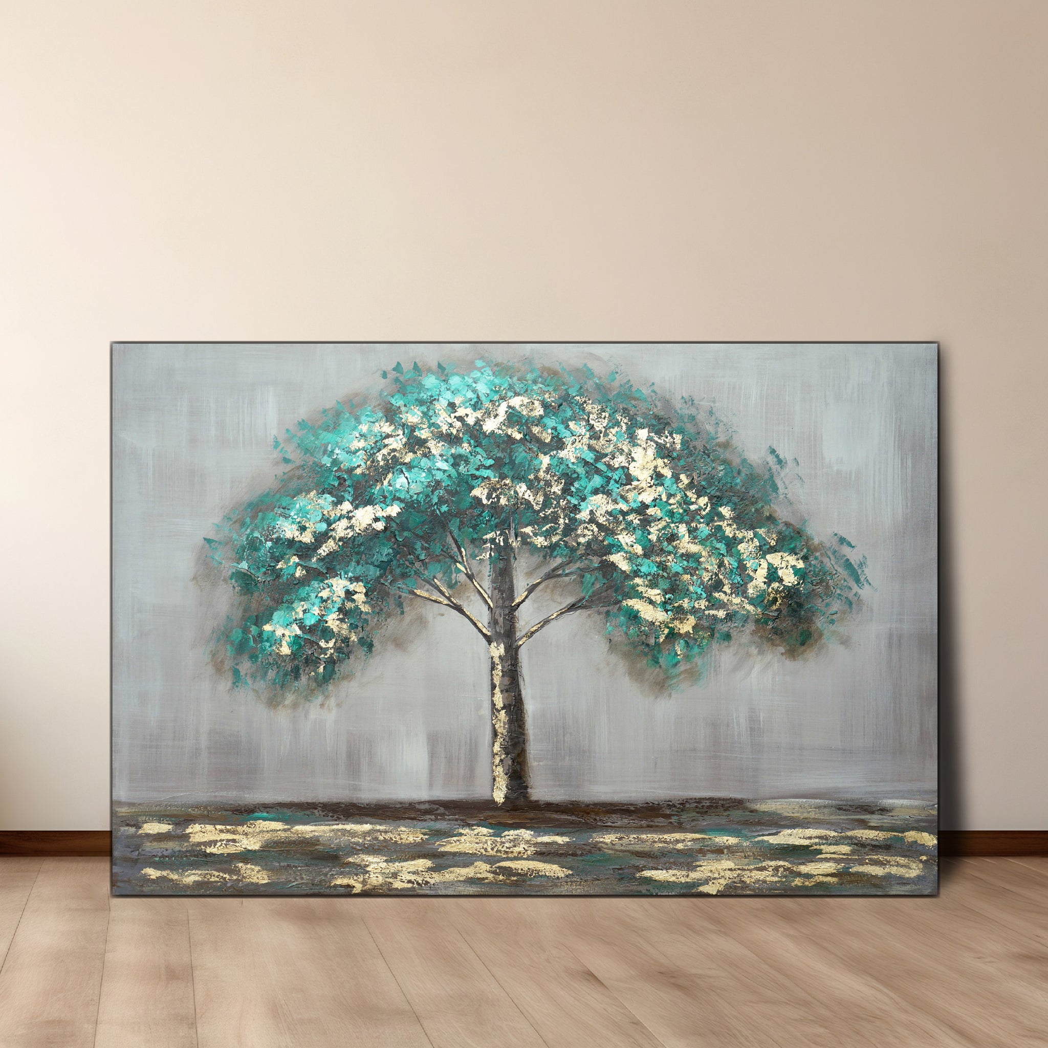 An oil painting on canvas featuring a tree with green leaves and a brown trunk, positioned in the center with a blurred landscape in the background.