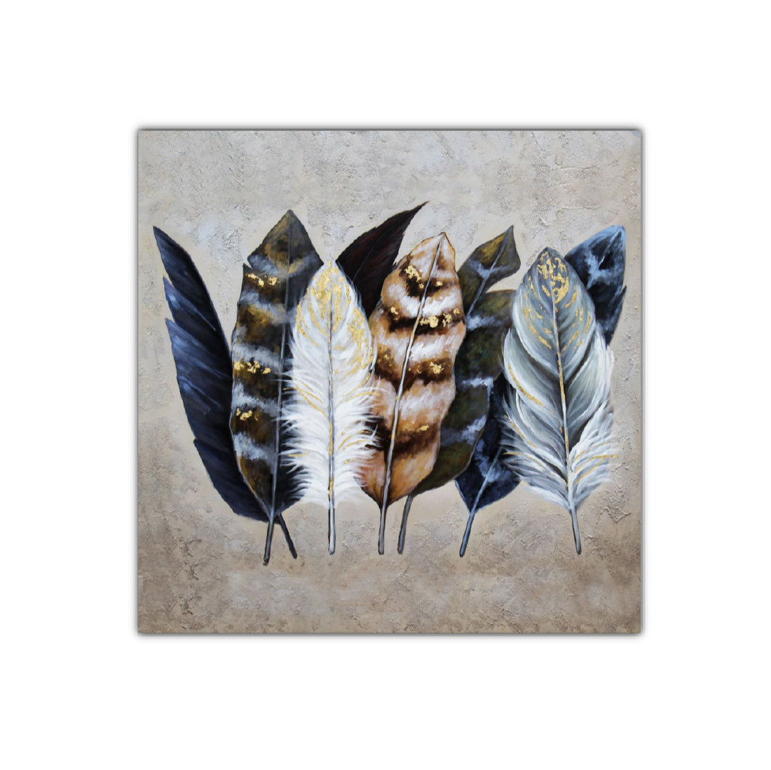 An oil painting featuring a group of stylized feathers in brown, blue, and beige colors on a beige background, presented in a square orientation.