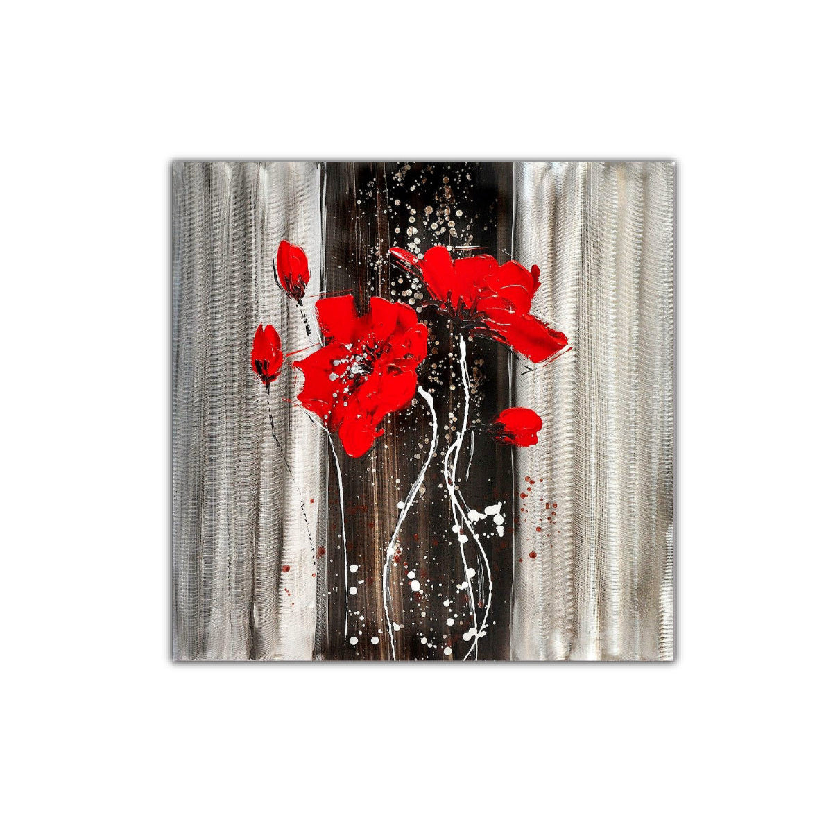 A canvas oil painting featuring red flowers with metallic silver and gray background.