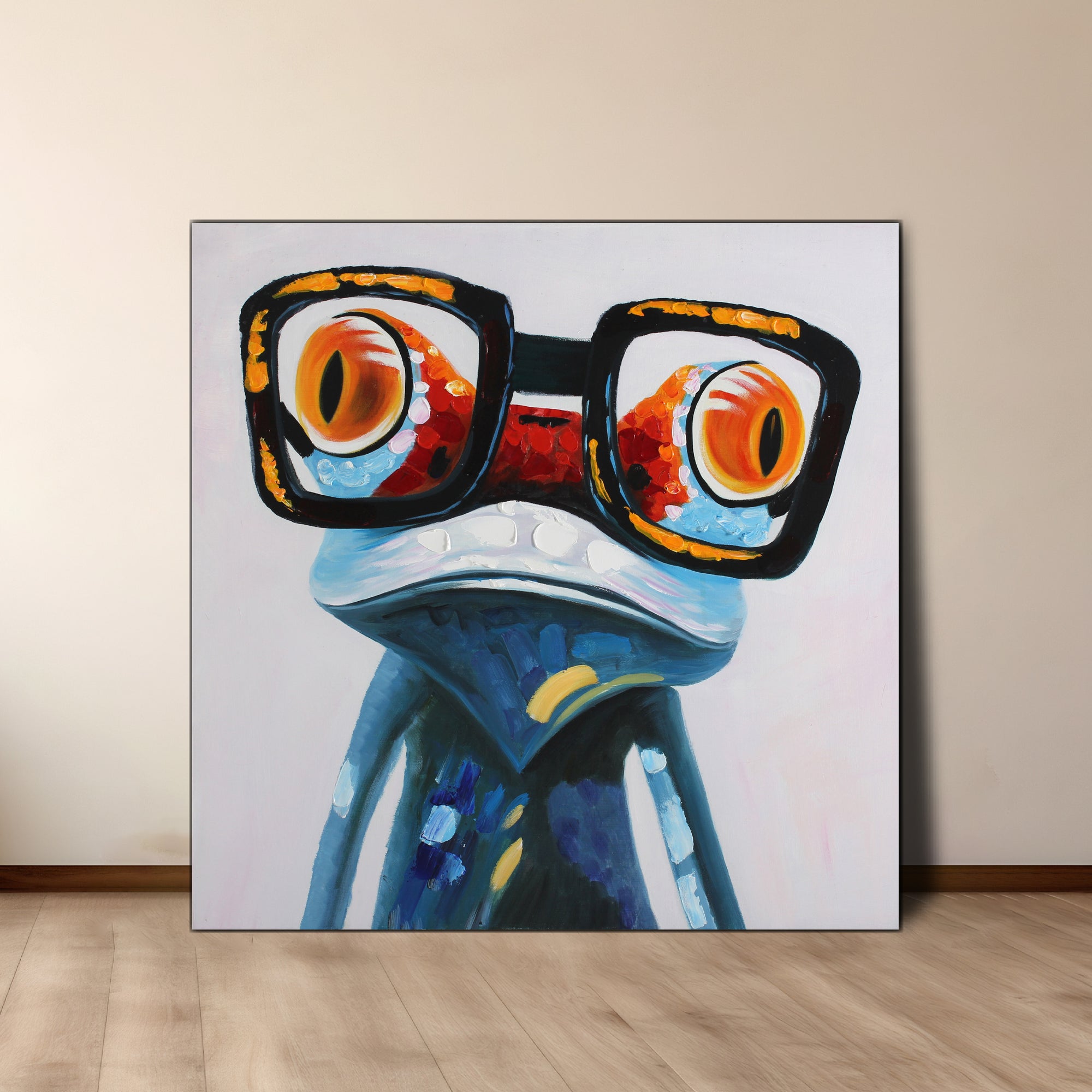 A canvas oil painting of a stylized frog wearing glasses with a predominantly blue and white color scheme.