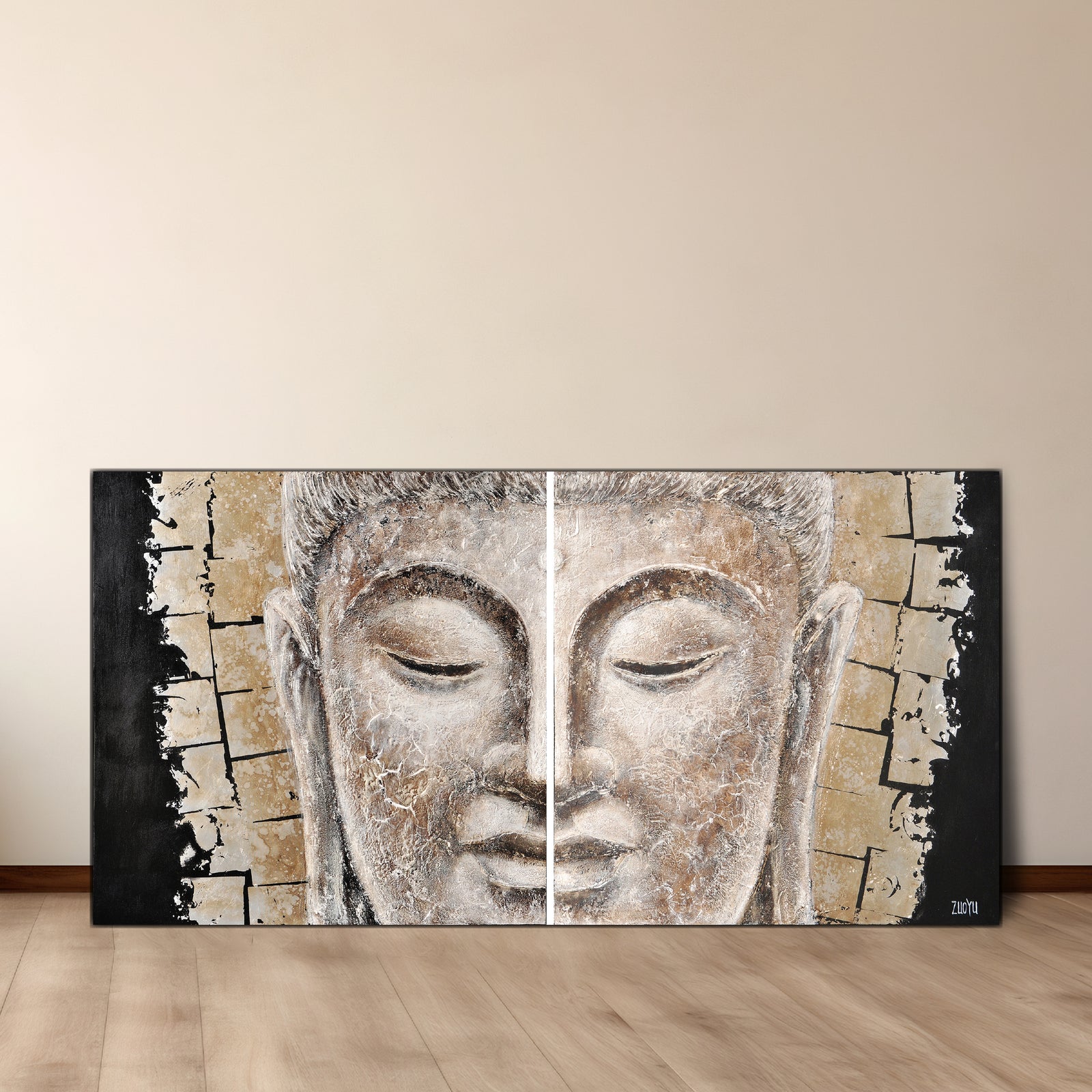 A hand-painted canvas artwork featuring a portrait of the Buddha in a black and white color scheme with abstract elements.