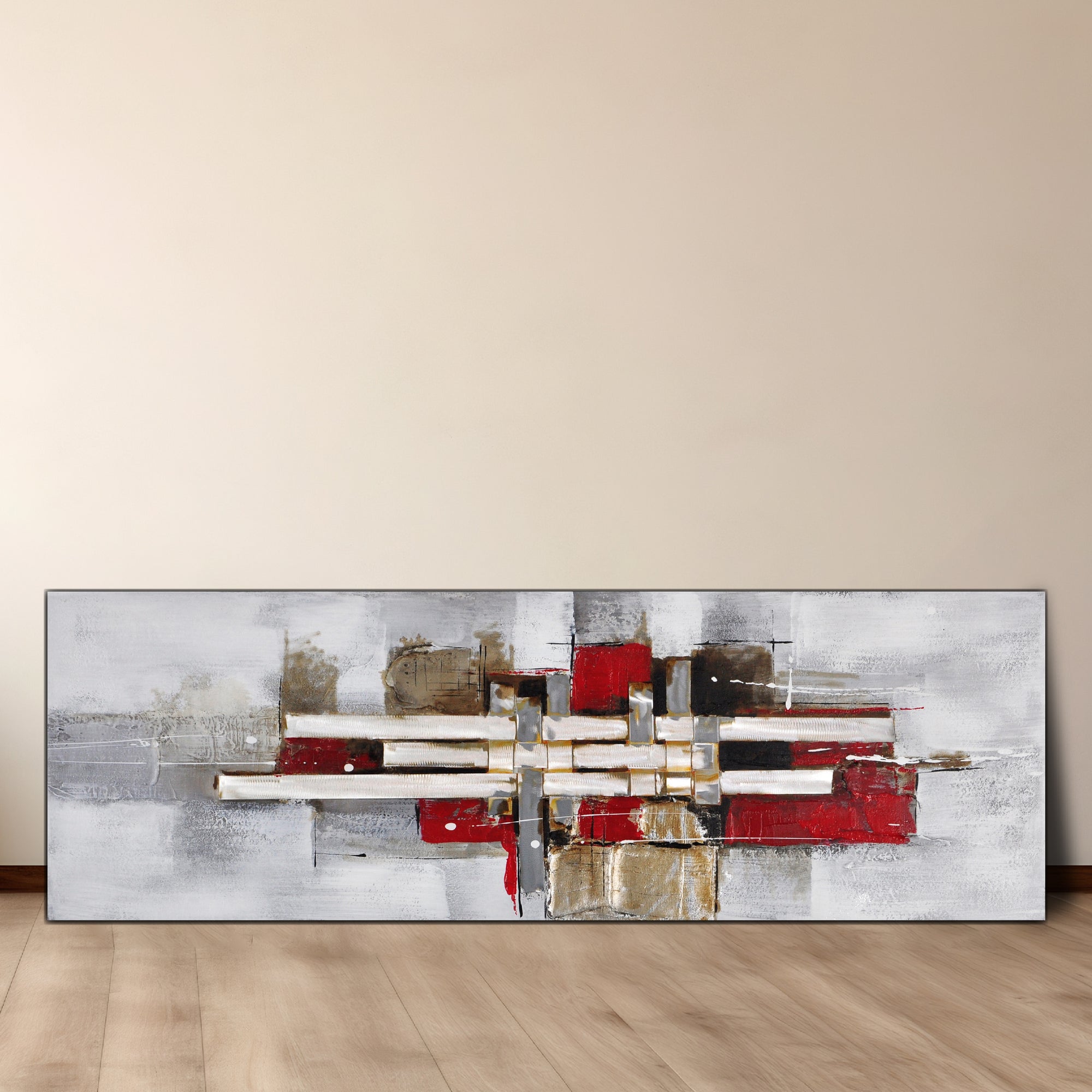 An abstract mix media oil painting with a geometric pattern, featuring red and white colors predominantly, stretched on a wooden frame.