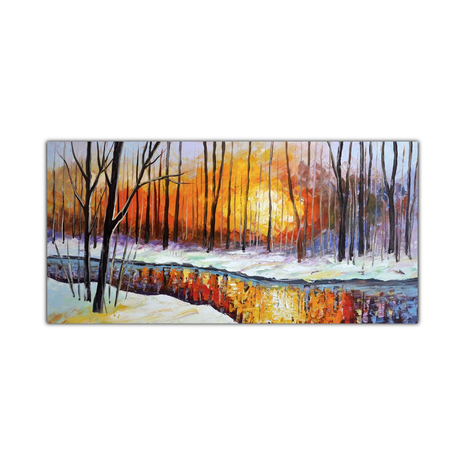 An oil painting depicting a winter landscape with a river and a setting sun casting orange and yellow hues over the snow-covered trees.