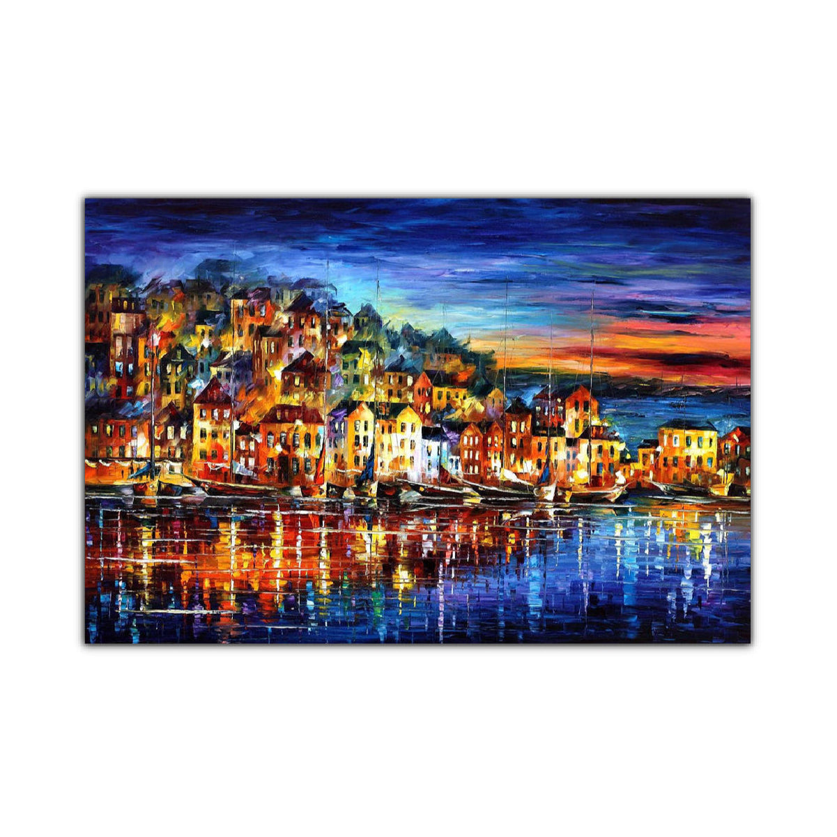 An oil painting on canvas depicting a vibrant townscape at dusk with brightly lit buildings and a reflective body of water.