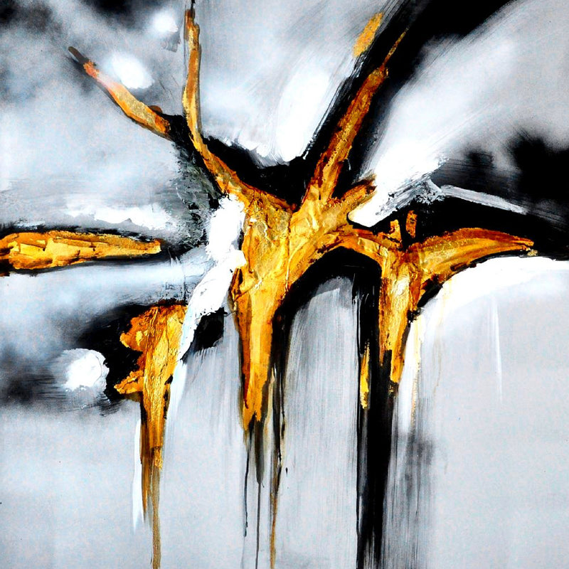 Abstract art with gold and black brush strokes on a gray background