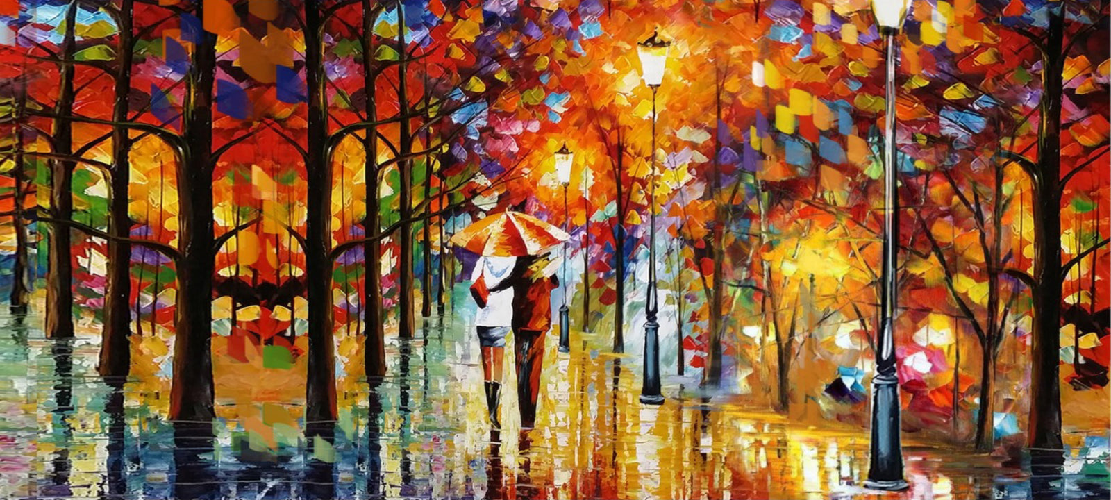 Extra large wall art painting of a couple walking under colourful autumn trees in a park