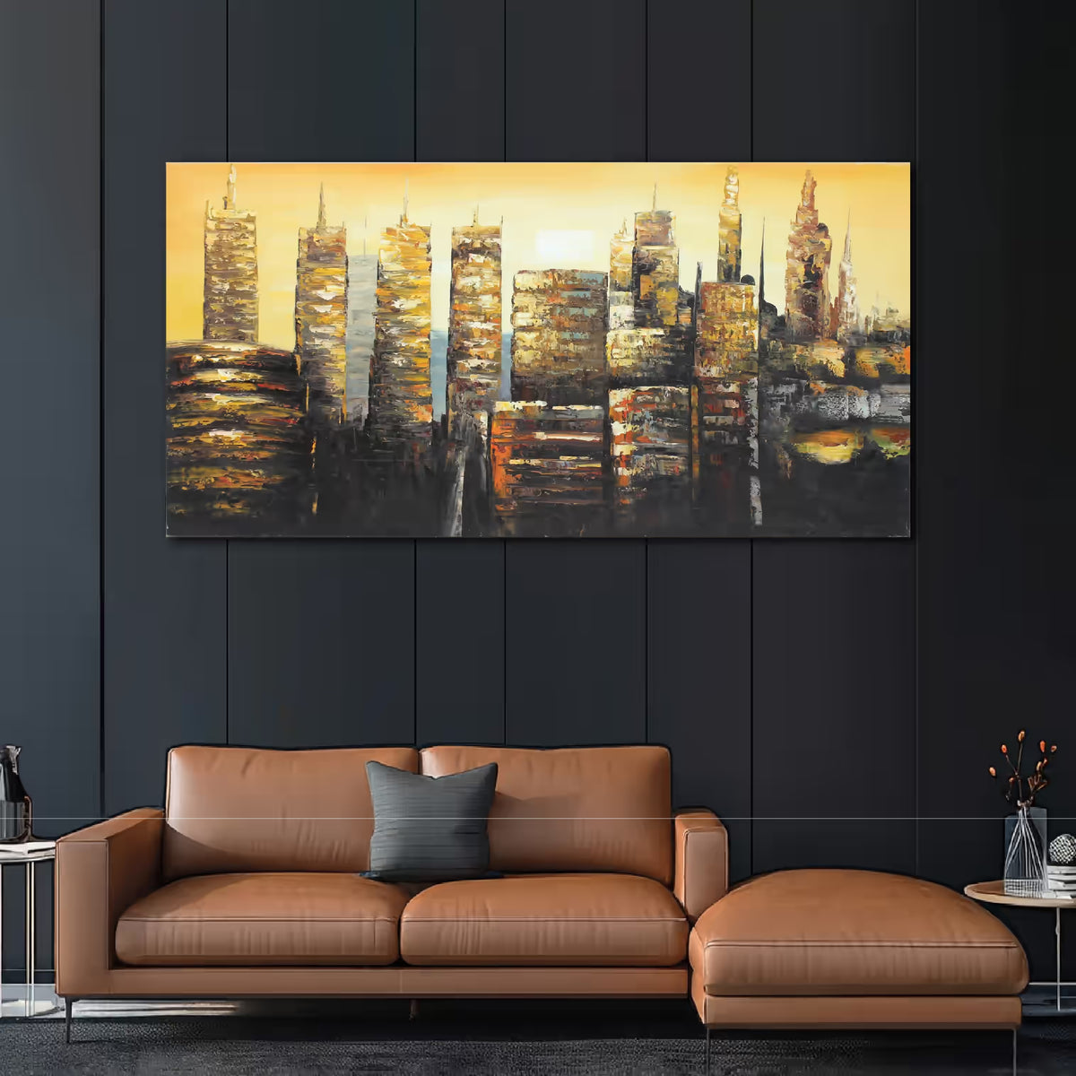 Brown leather sofa in a living room with a large abstract cityscape painting on the wall.