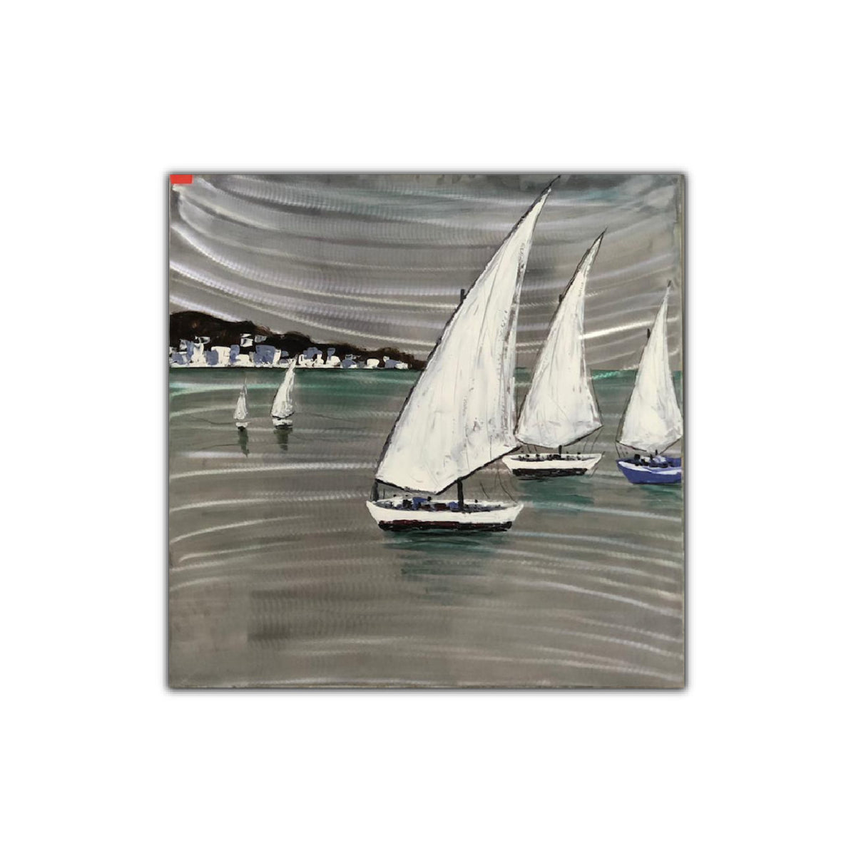 Oil painting on metallic canvas depicting sailboats on the sea with a greyish sky.