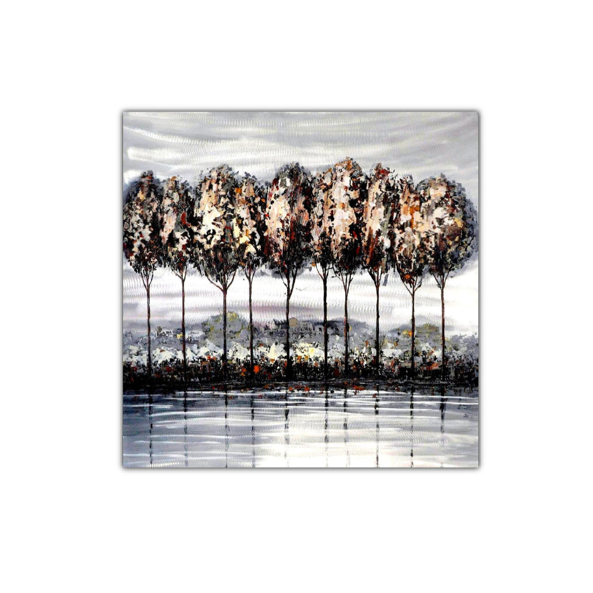 Oil painting featuring a row of trees with a mix of black, grey, and brown tones, set against a body of water reflecting the sky.