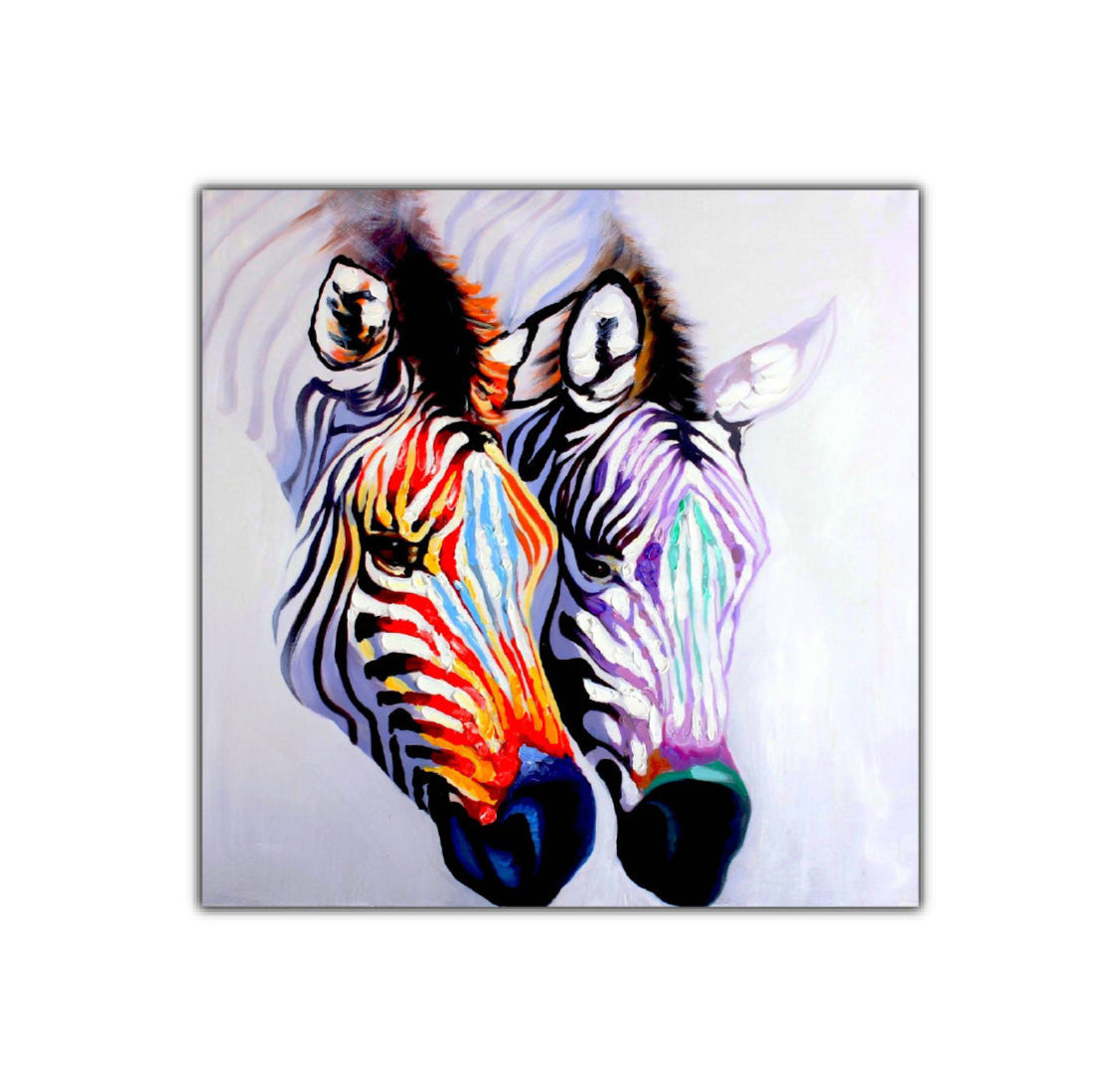 A colorful abstract oil painting on canvas depicting the heads of two zebras.