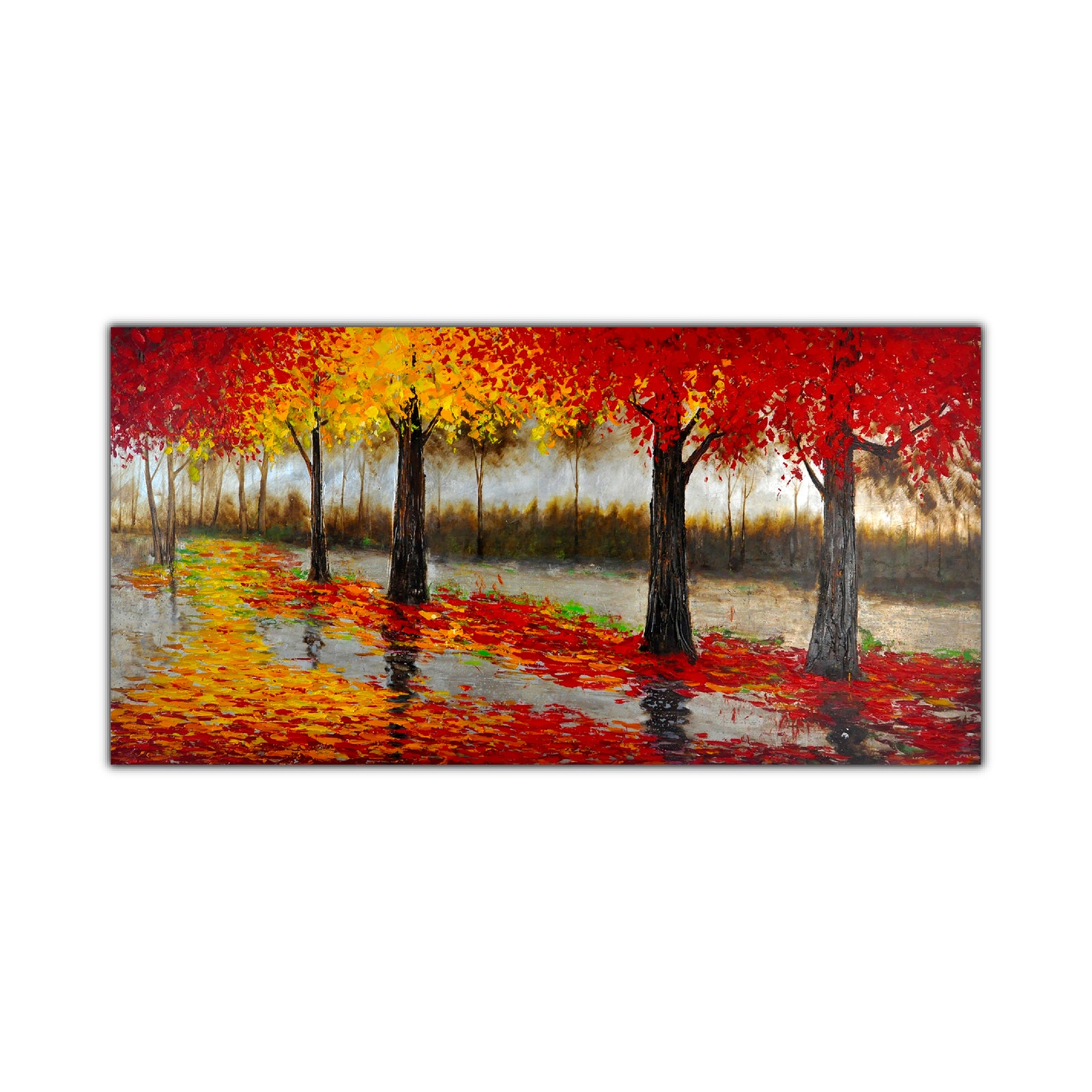 An oil painting featuring a vibrant autumn scene with red and orange leaves on trees, reflected in a still body of water.