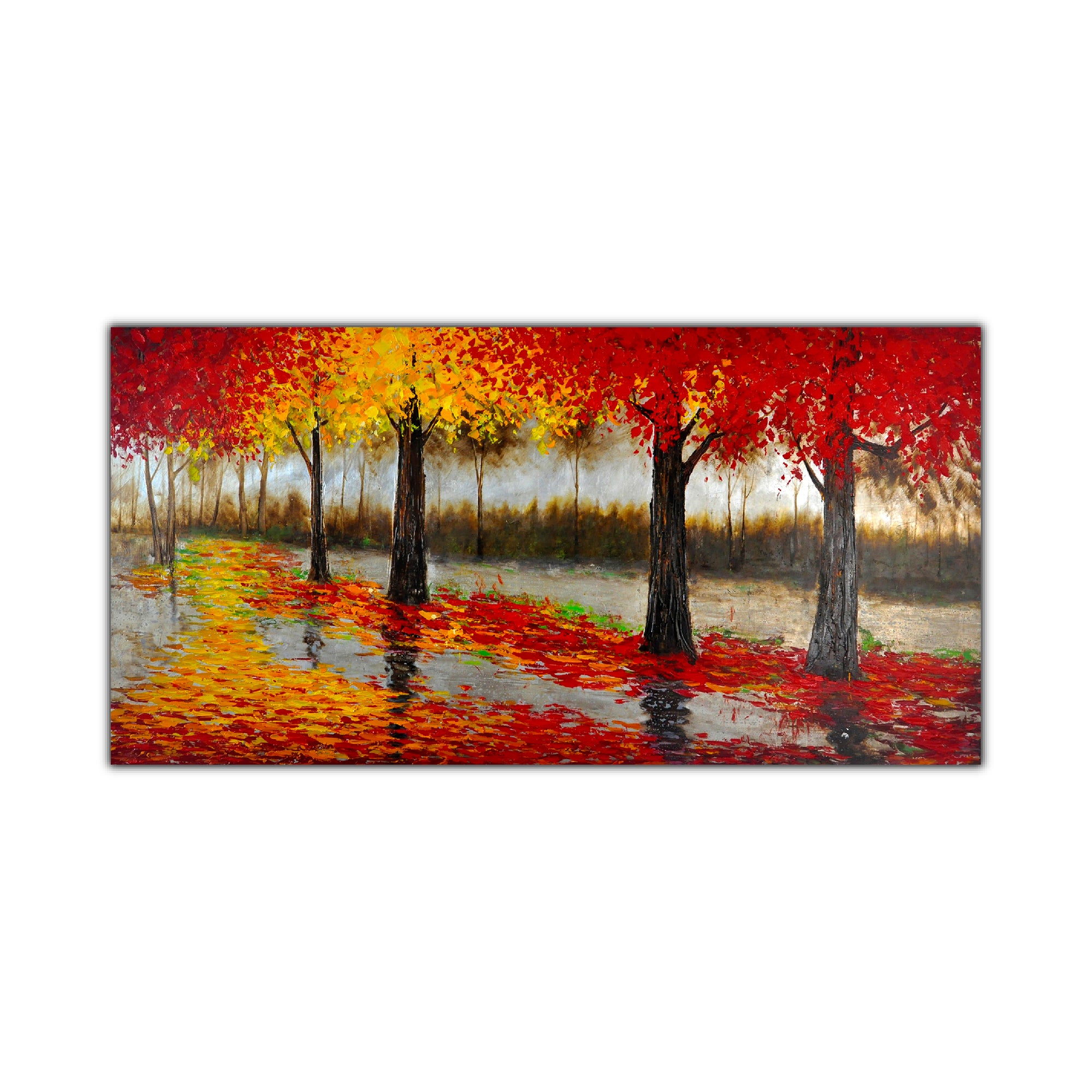 An oil painting featuring a vibrant autumn scene with red and orange leaves on trees, reflected in a still body of water.