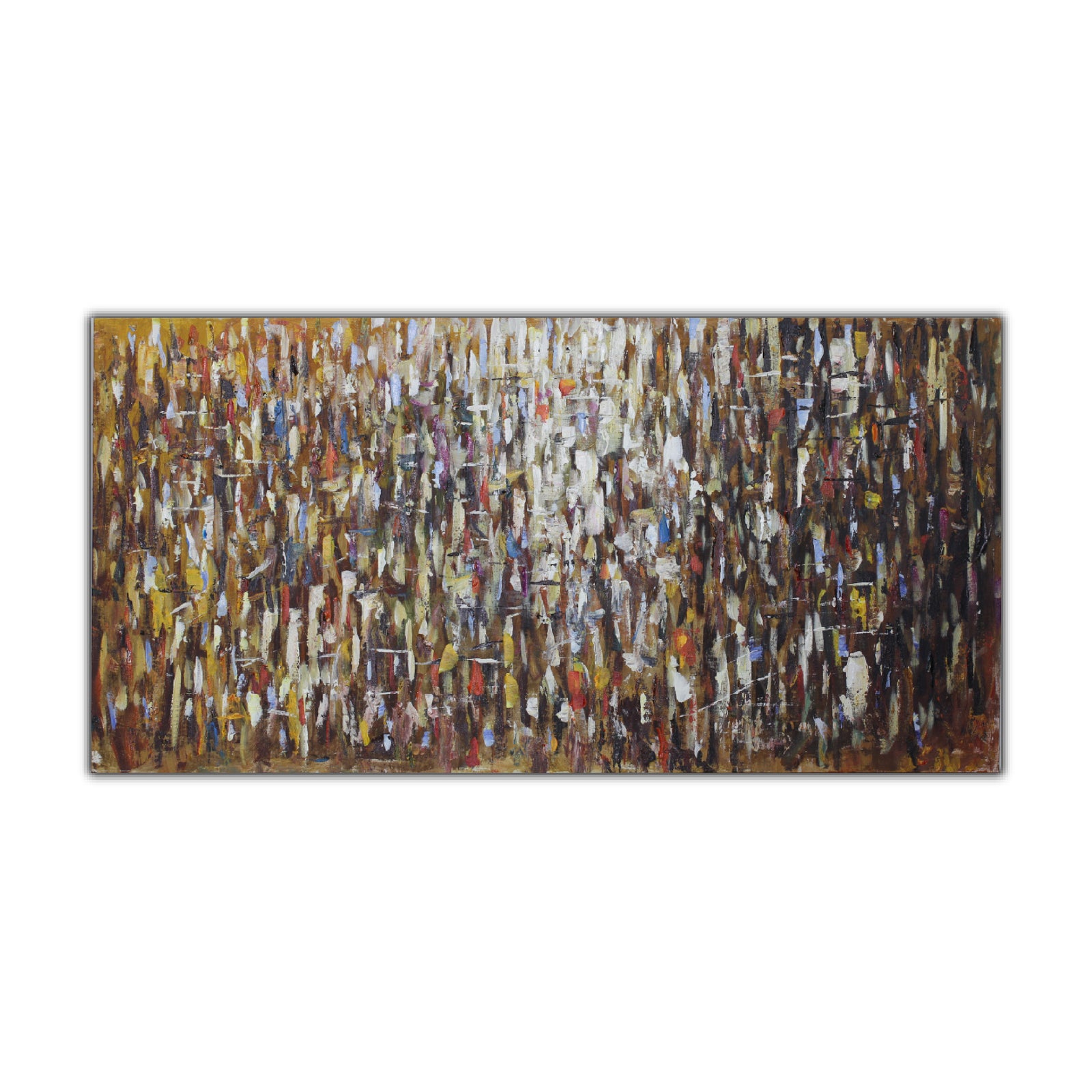An abstract oil painting on canvas with a mixture of shapes and colors, predominantly in brown, beige, and white tones, representing a vibrant scene.