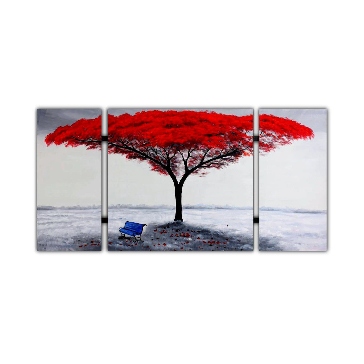 A canvas landscape art painting featuring a large red tree and a peaceful blue bench on a grey background, divided into three panels.