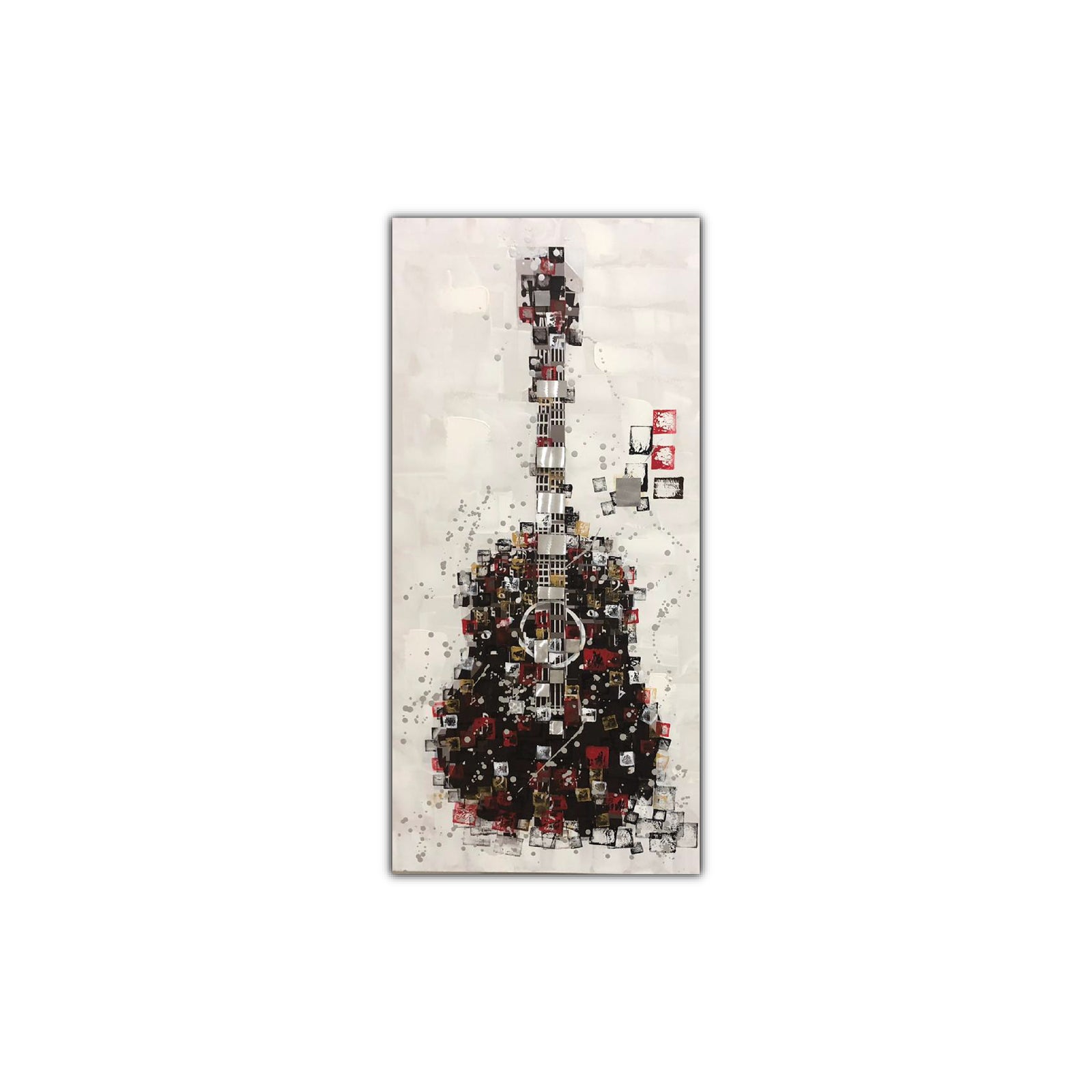 A hand-painted abstract mix media guitar painting on canvas, gallery wrap, with black, white, red, and brown colors, ready to hang.