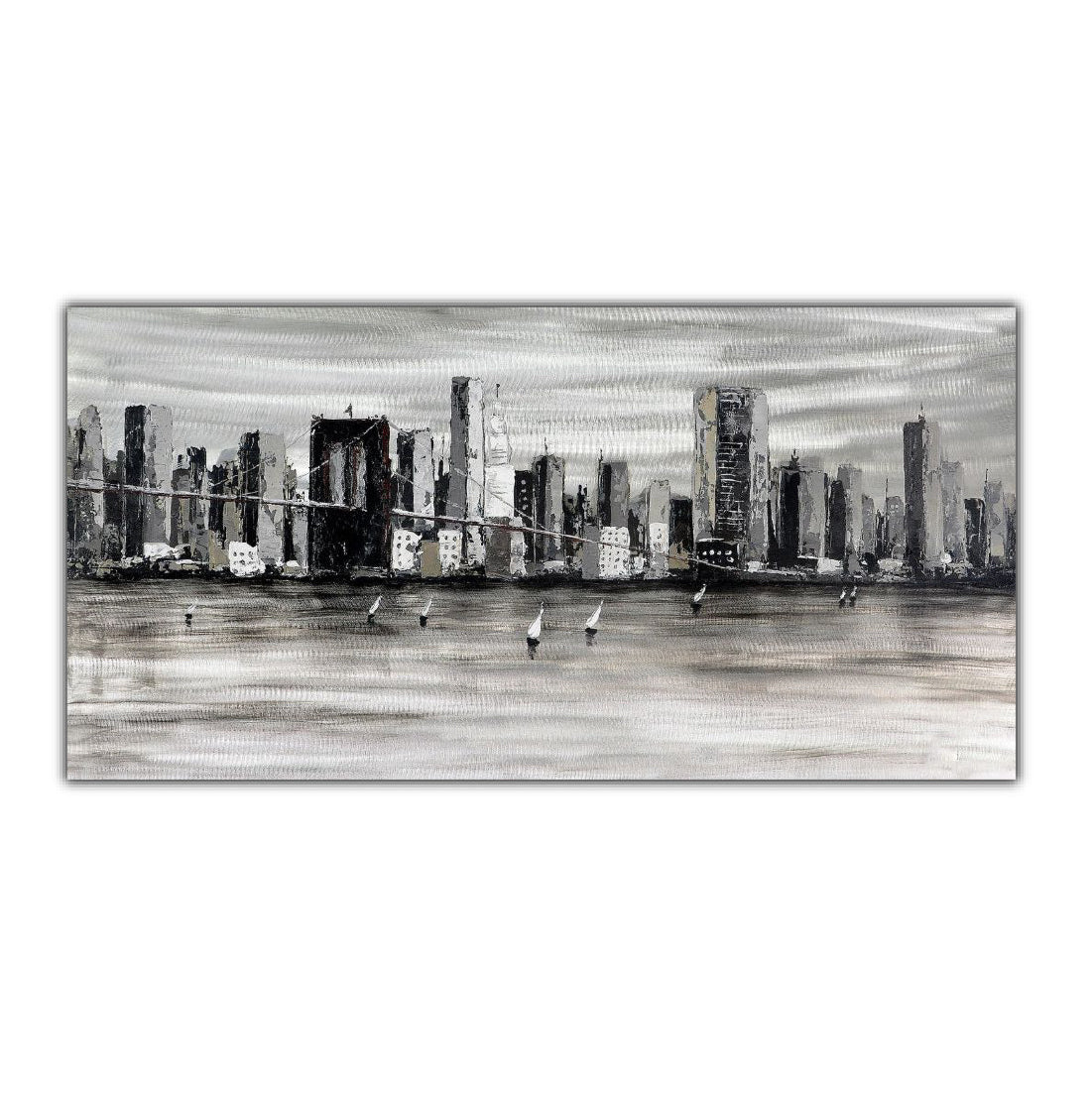 Oil painting of New York City skyline viewed from the ocean, featuring dark tones, displayed on a aluminium canvas with a wood frame.