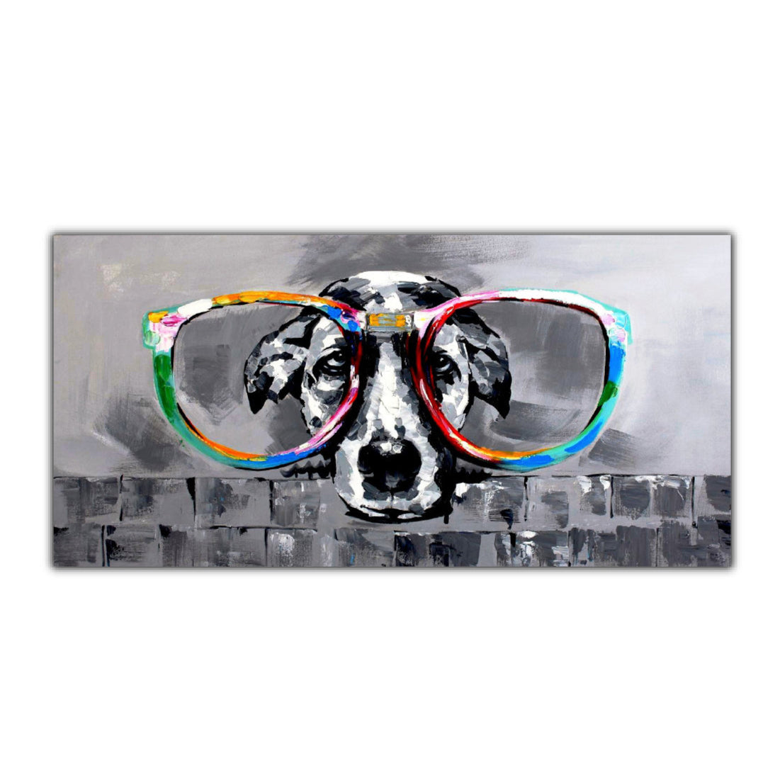 An oil painting of a dog wearing large, multicolored glasses, set against a grey background, on a canvas stretched over a wooden frame.
