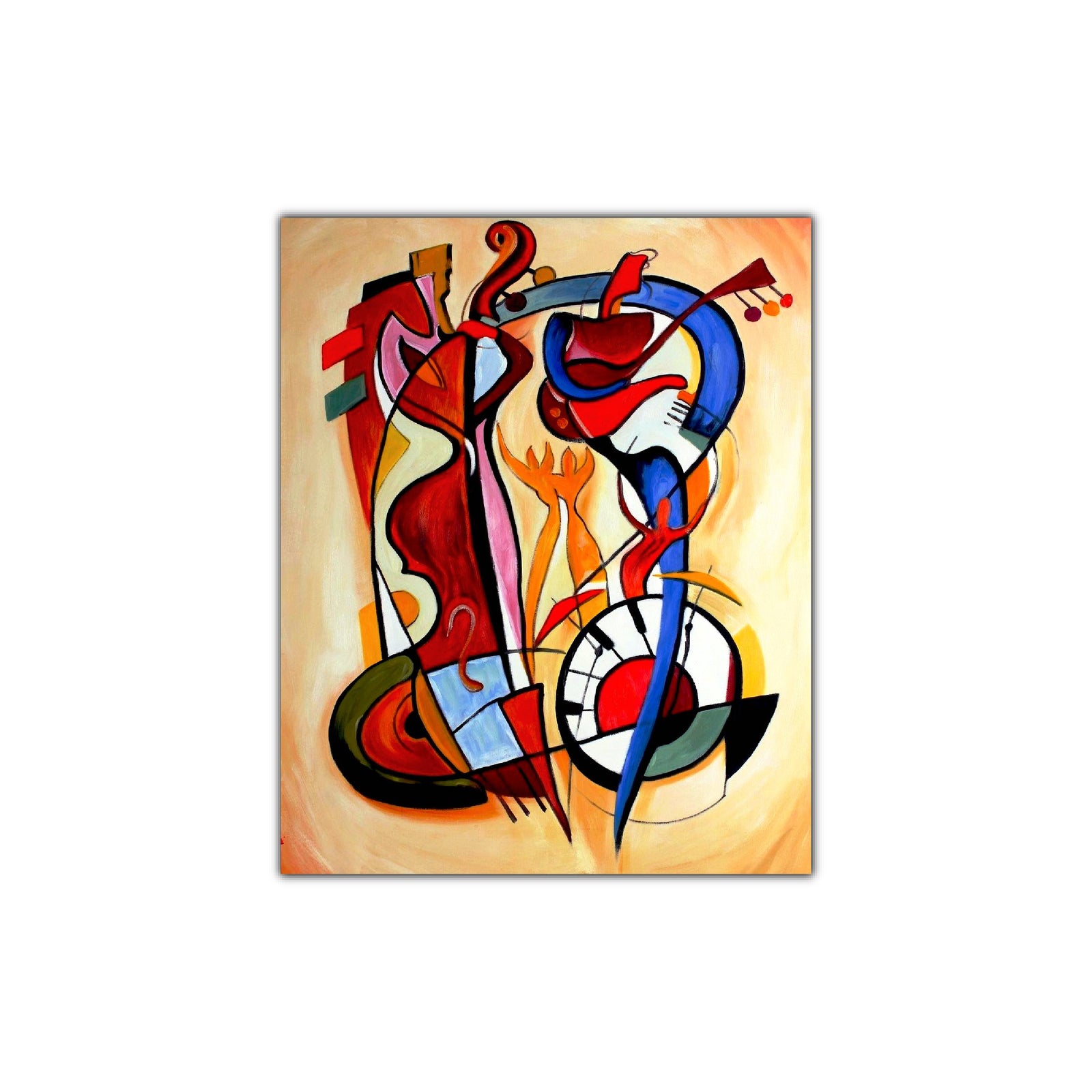 An abstract oil painting on canvas depicting a lively musical theme with red, blue, and gray colors, with no clear representation of a guitar or flute.