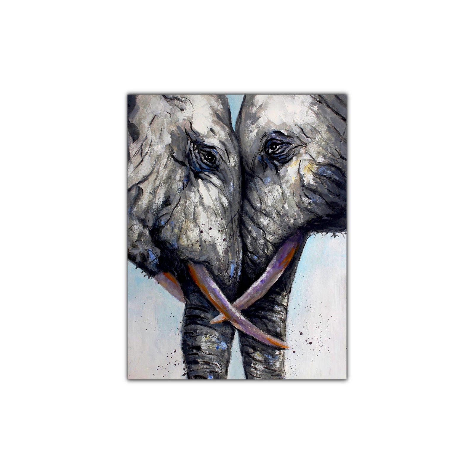 A vertical oil painting on canvas depicting two elephants close to each other, with a primarily gray color palette.
