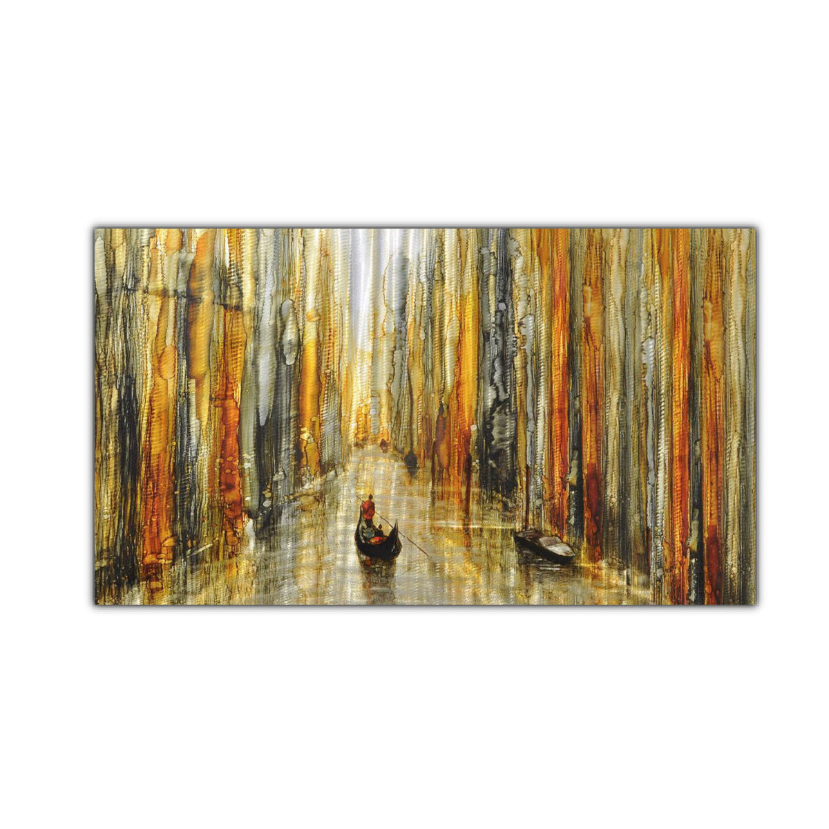 An oil painting depicting abstracted gondolas in the canals of Venice, with warm brown and gold tones.