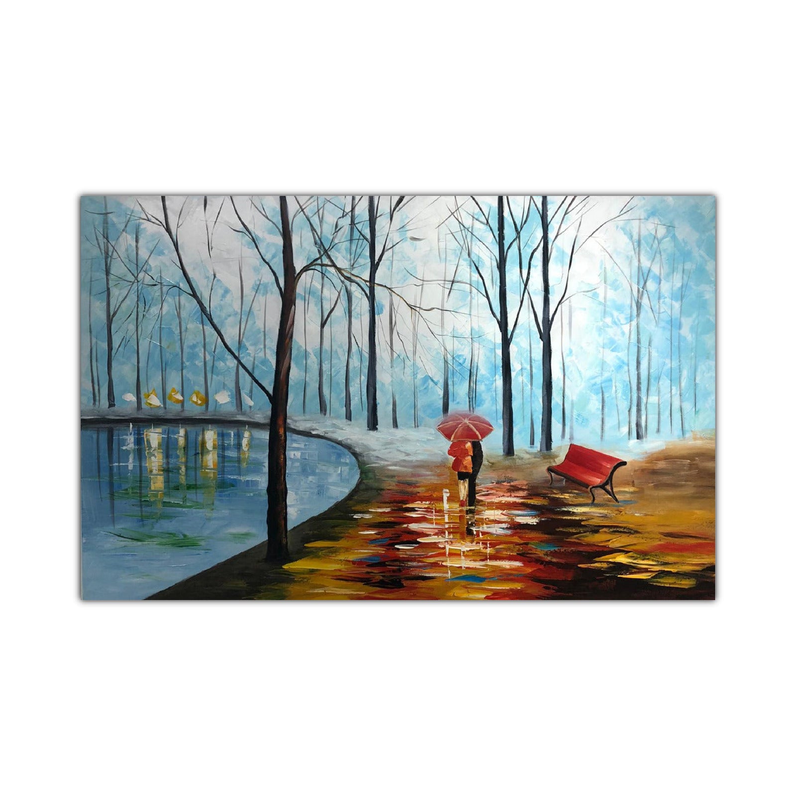 An oil painting depicting a couple walking under an umbrella in a park at night, with a colorful sky and reflecting water.