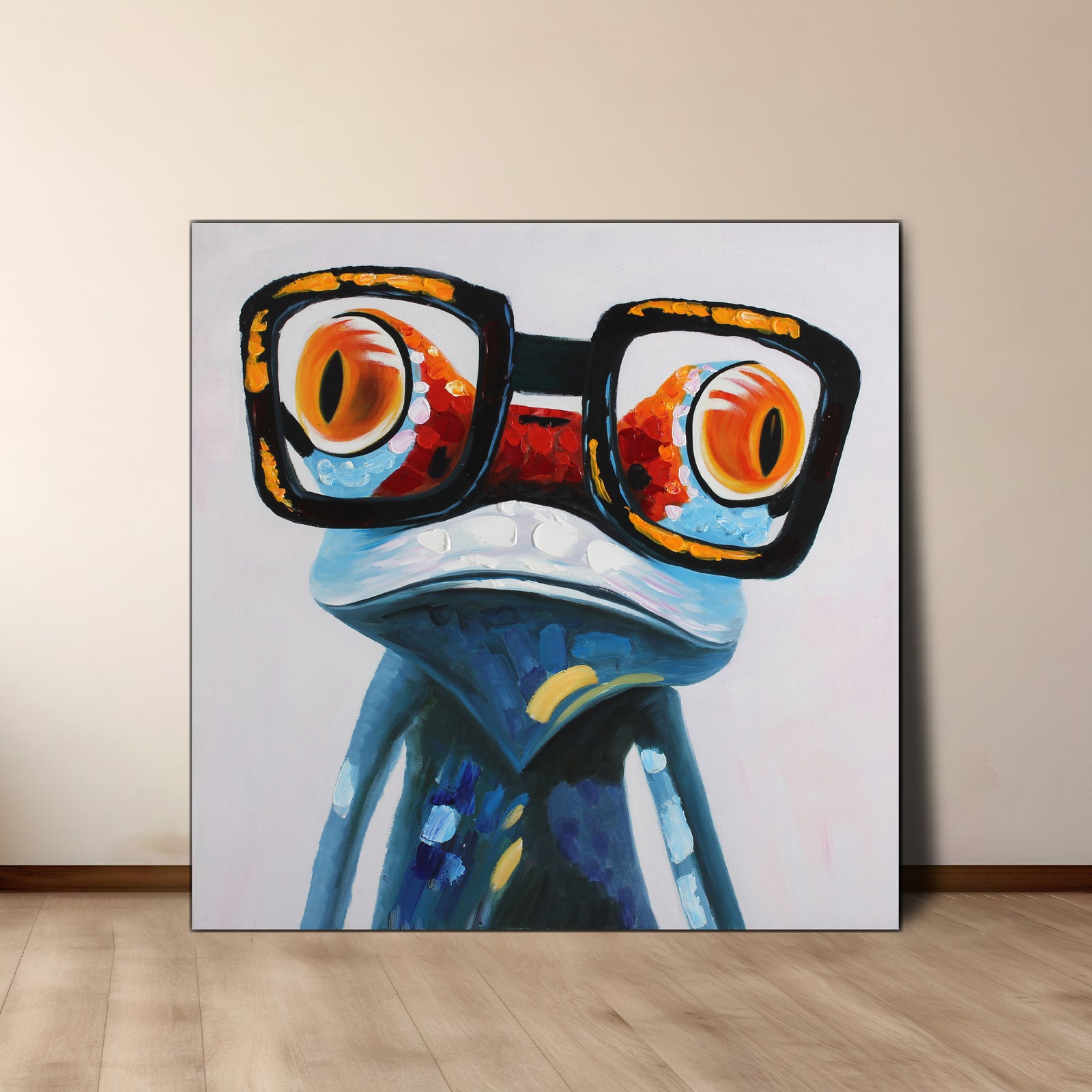 A canvas oil painting of a stylized frog wearing glasses with a predominantly blue and white color scheme.