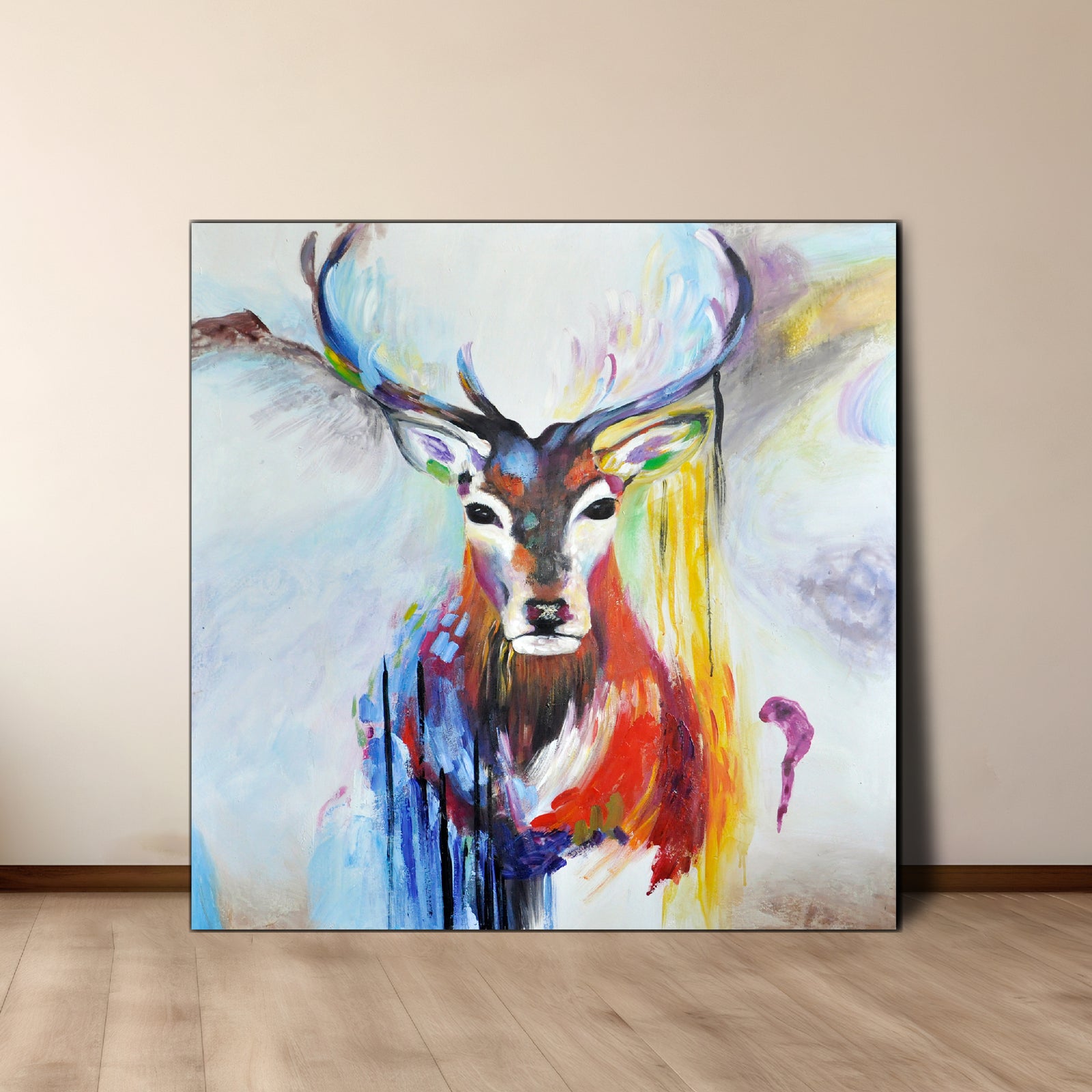 An oil painting on canvas featuring a colorful and abstract depiction of a deer's head and antlers.