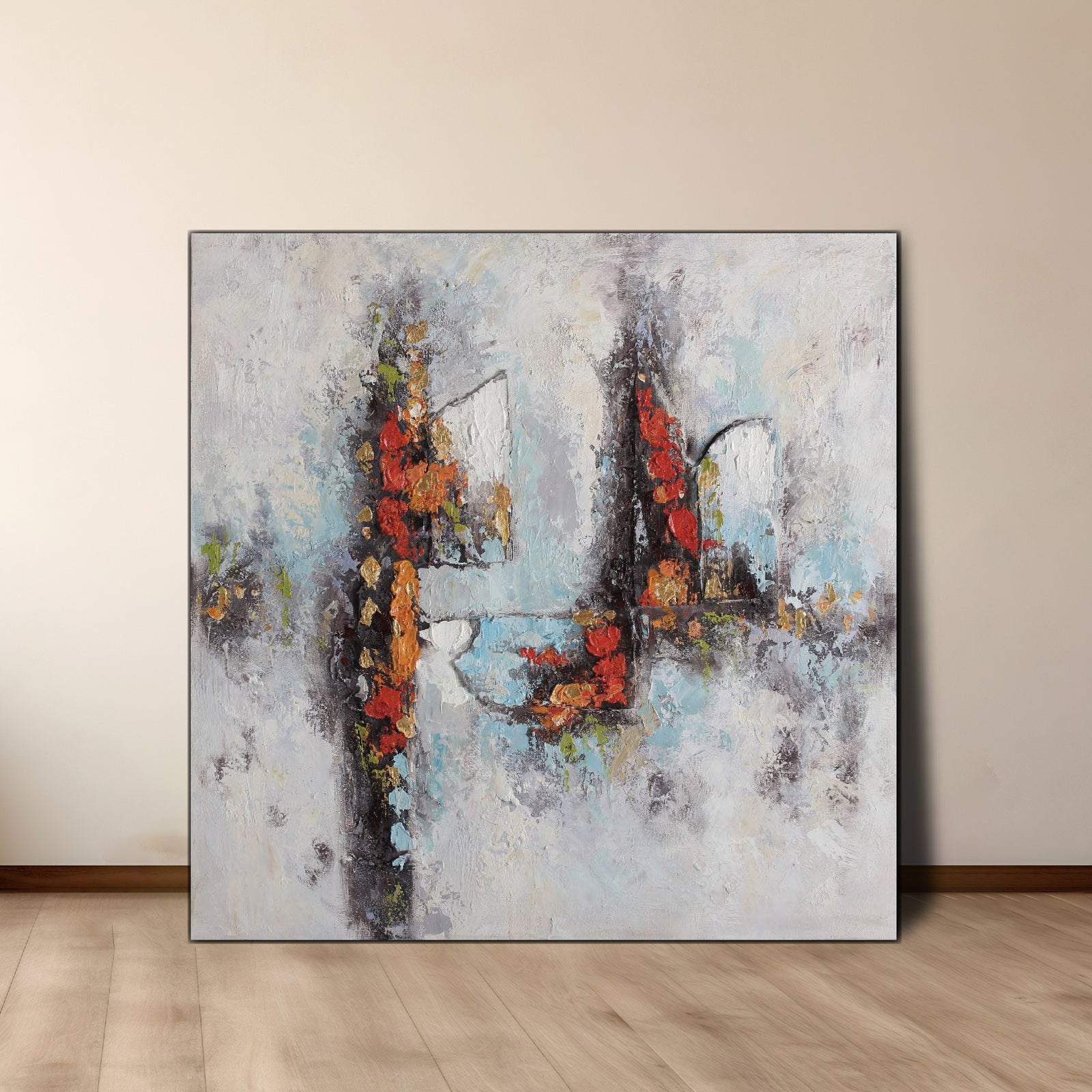 An abstract contemporary style oil painting featuring red and white primary colors, with a minimalist and elegant aesthetic, displayed on a wall.