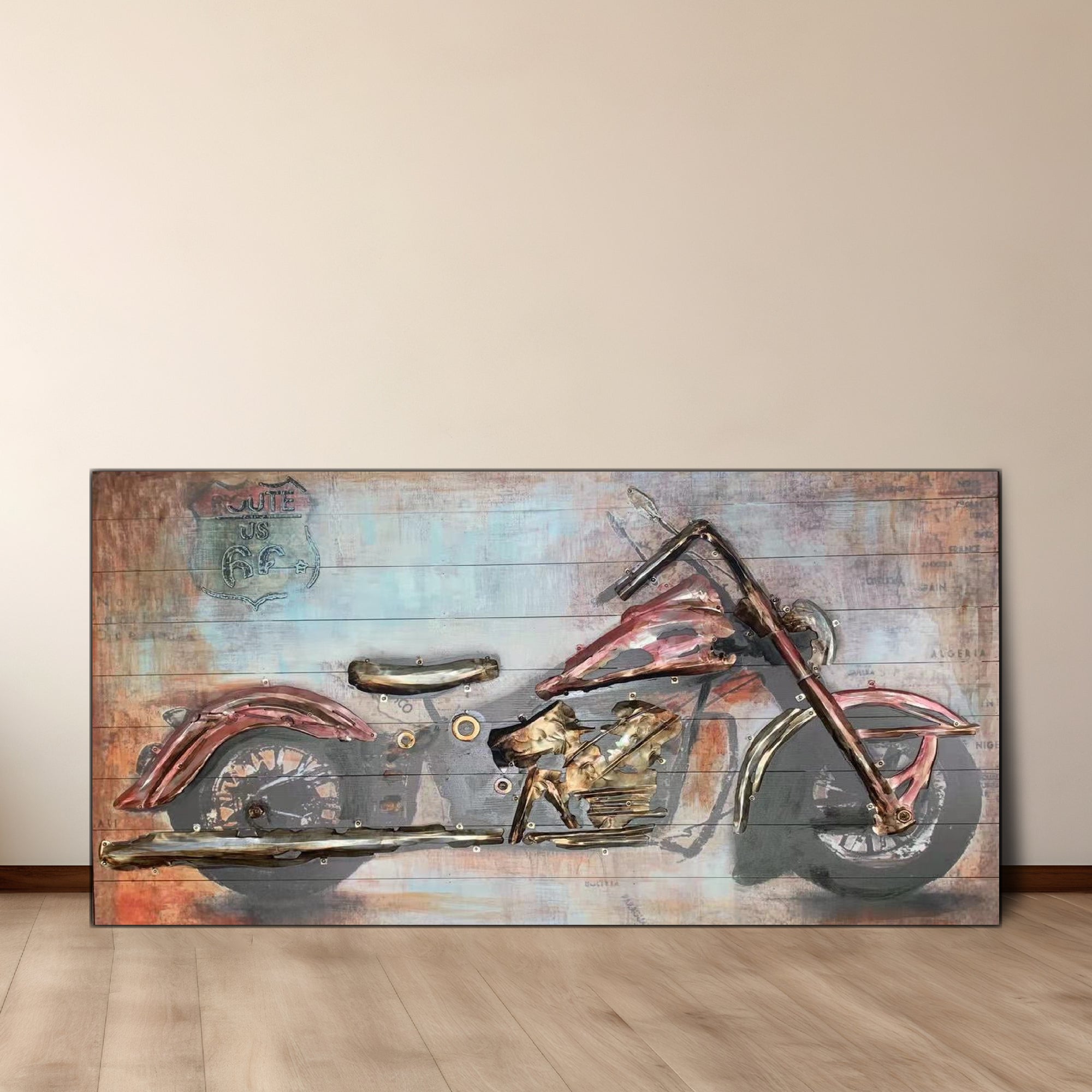 A hand-painted picture of a red and silver motorbike on a wooden surface with a mix of metal and oil painting techniques.