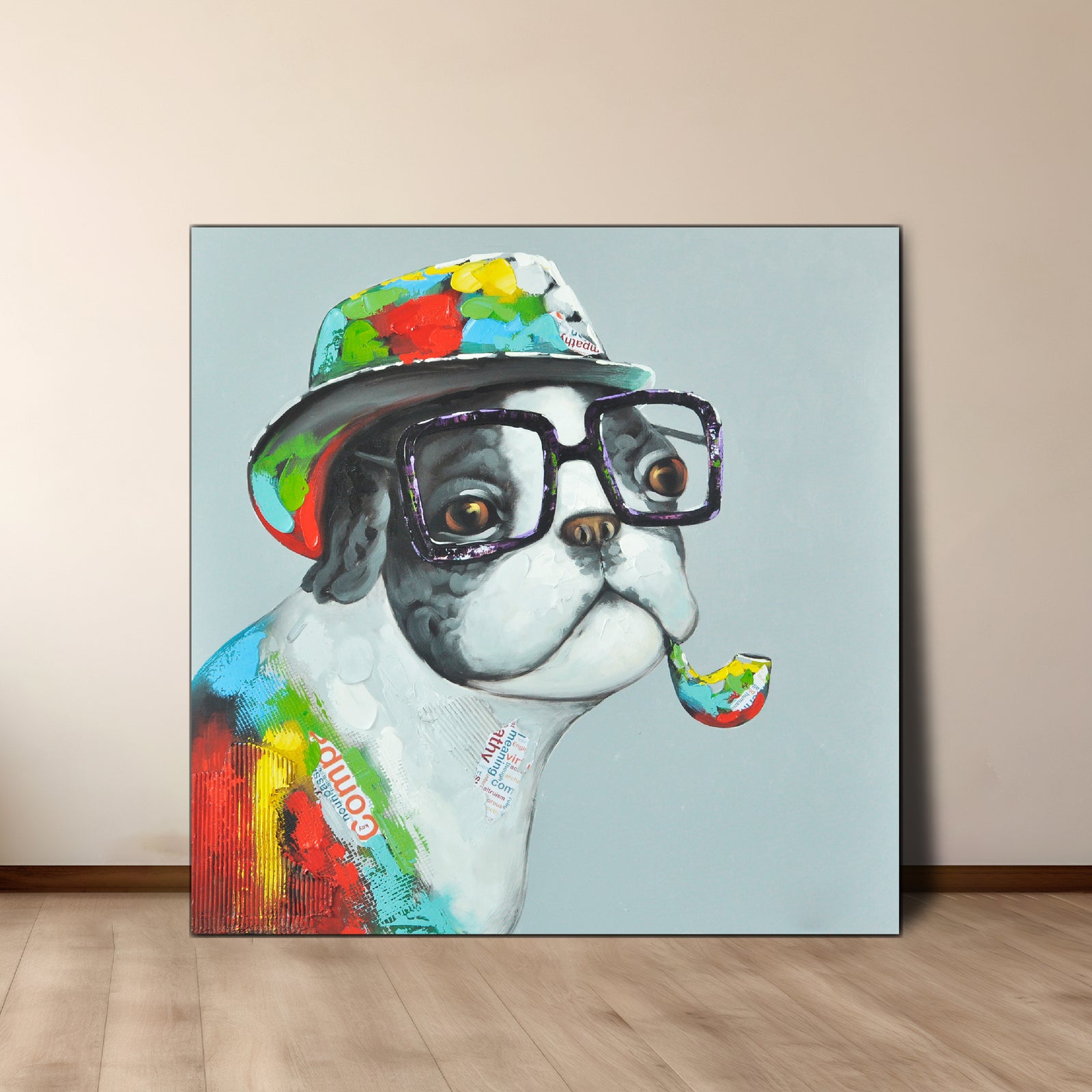 An oil painting of a bulldog puppy dressed in a colorful, abstract patterned hat and glasses, holding a lollipop, with a background of solid blue color.