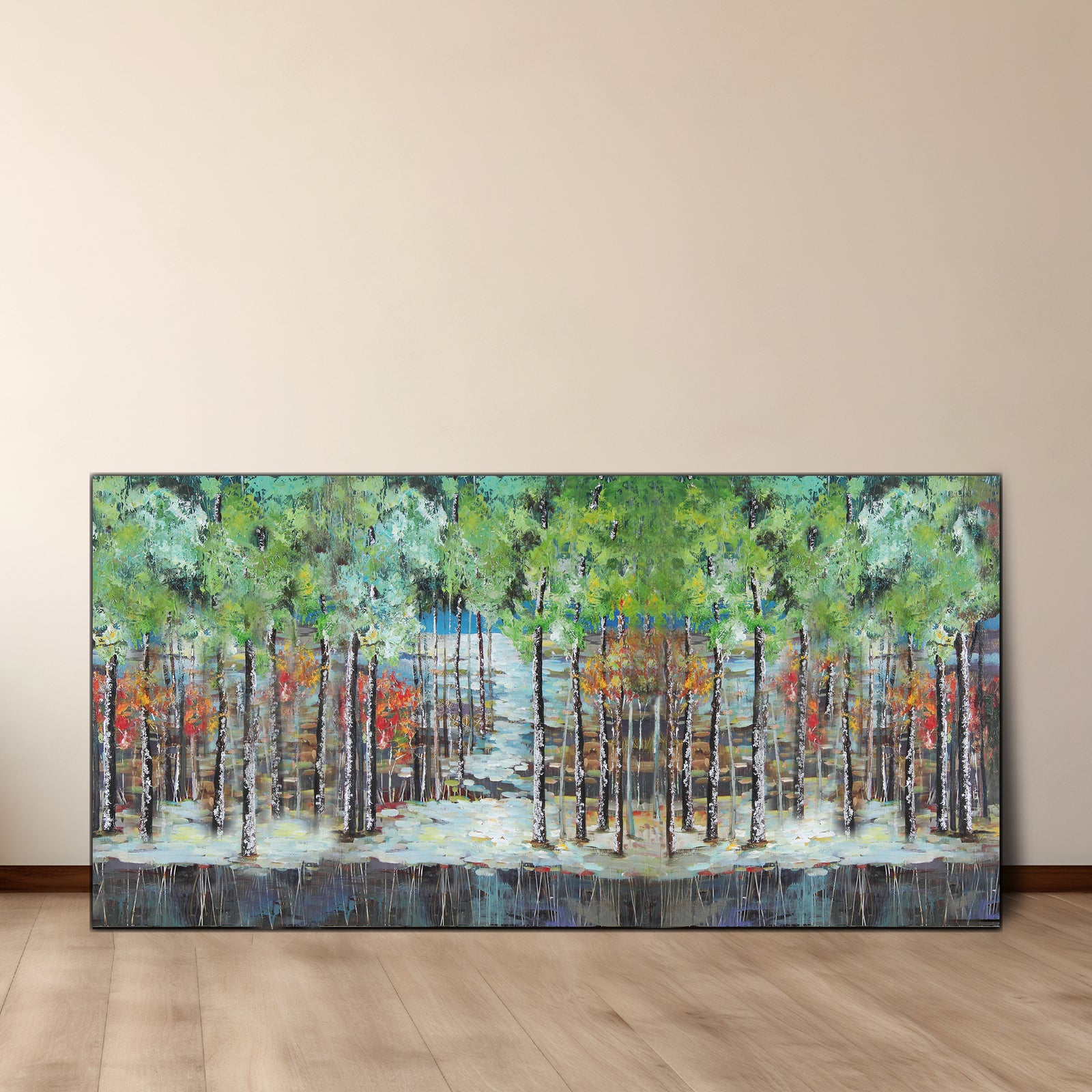 An oil painting on canvas titled 'Naked Woods' depicting a vibrant nature landscape with green trees and blue water, placed against a plain wall on a wooden floor.