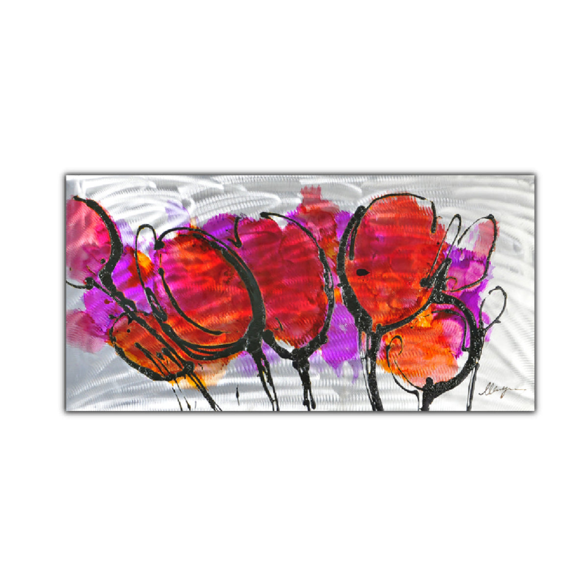 An abstract oil painting of pink and red flowers on a metal canvas with a silver background.