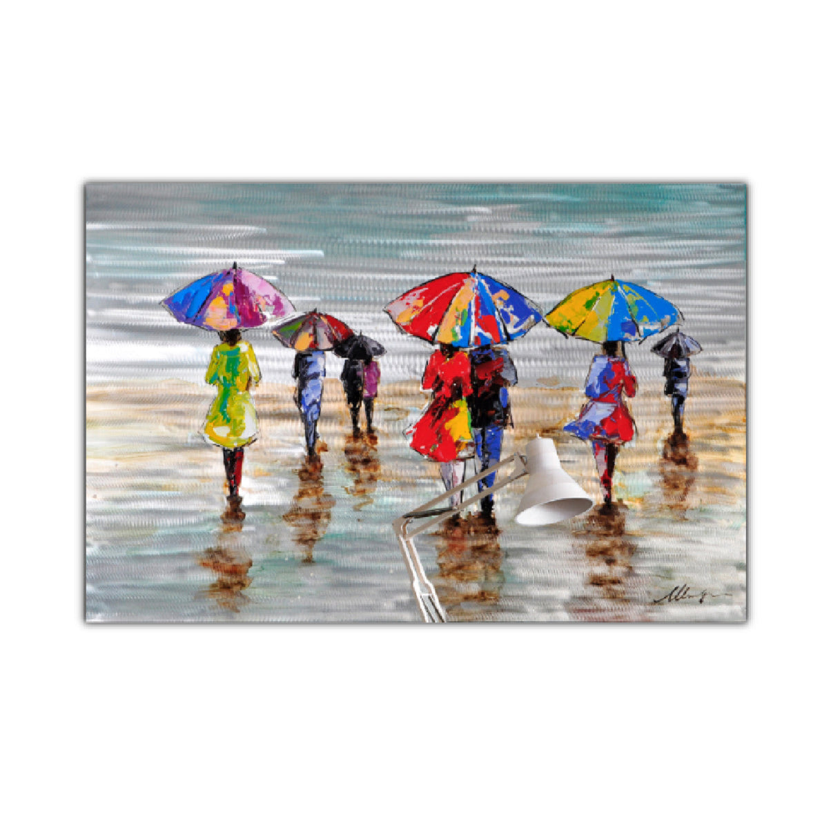 An oil painting on metallic canvas depicting people with umbrellas walking on a wet beach surface.