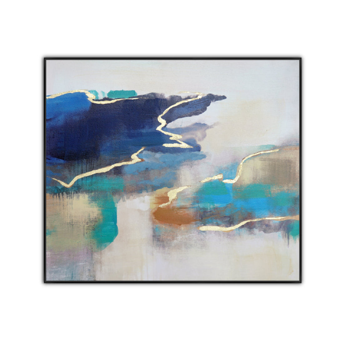 An abstract oil painting on canvas with a splash of multiple colors, predominantly blue and gold, against a white background, framed in black.
