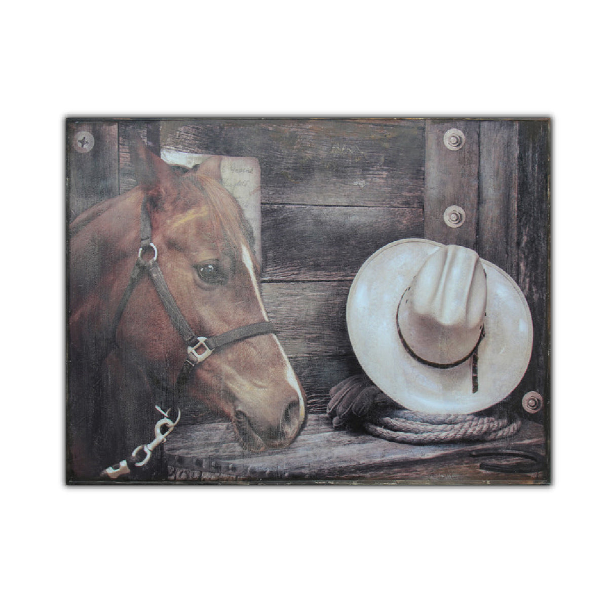 Oil painting on canvas depicting a horse with a halter and a white cowboy hat hanging on the wall, primarily in shades of brown and white with a rustic background.