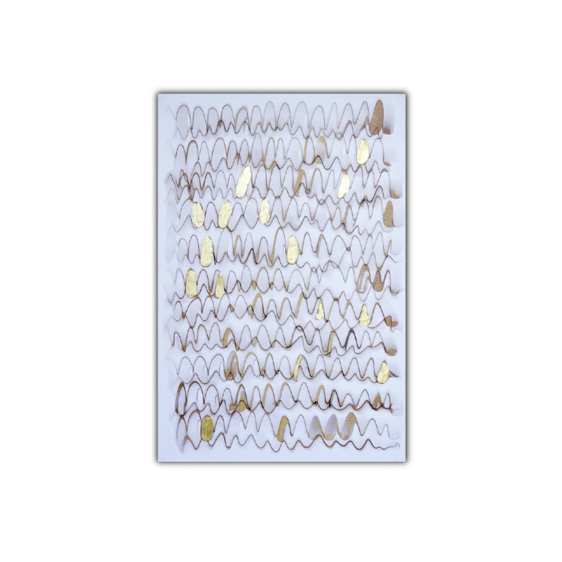 An abstract oil painting on canvas with a pattern of ripples, predominantly in shades of gray with gold accents, symbolizing perhaps prosperity and plunge as described in the product description.