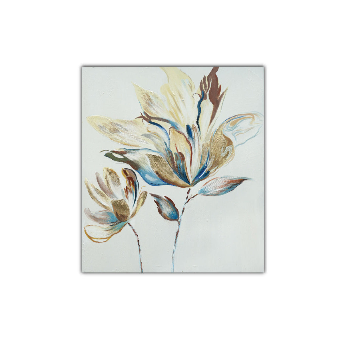 An oil painting on canvas depicting an abstract floral design with blue, white, and beige colors, gallery wrap and stretched on a wood frame.