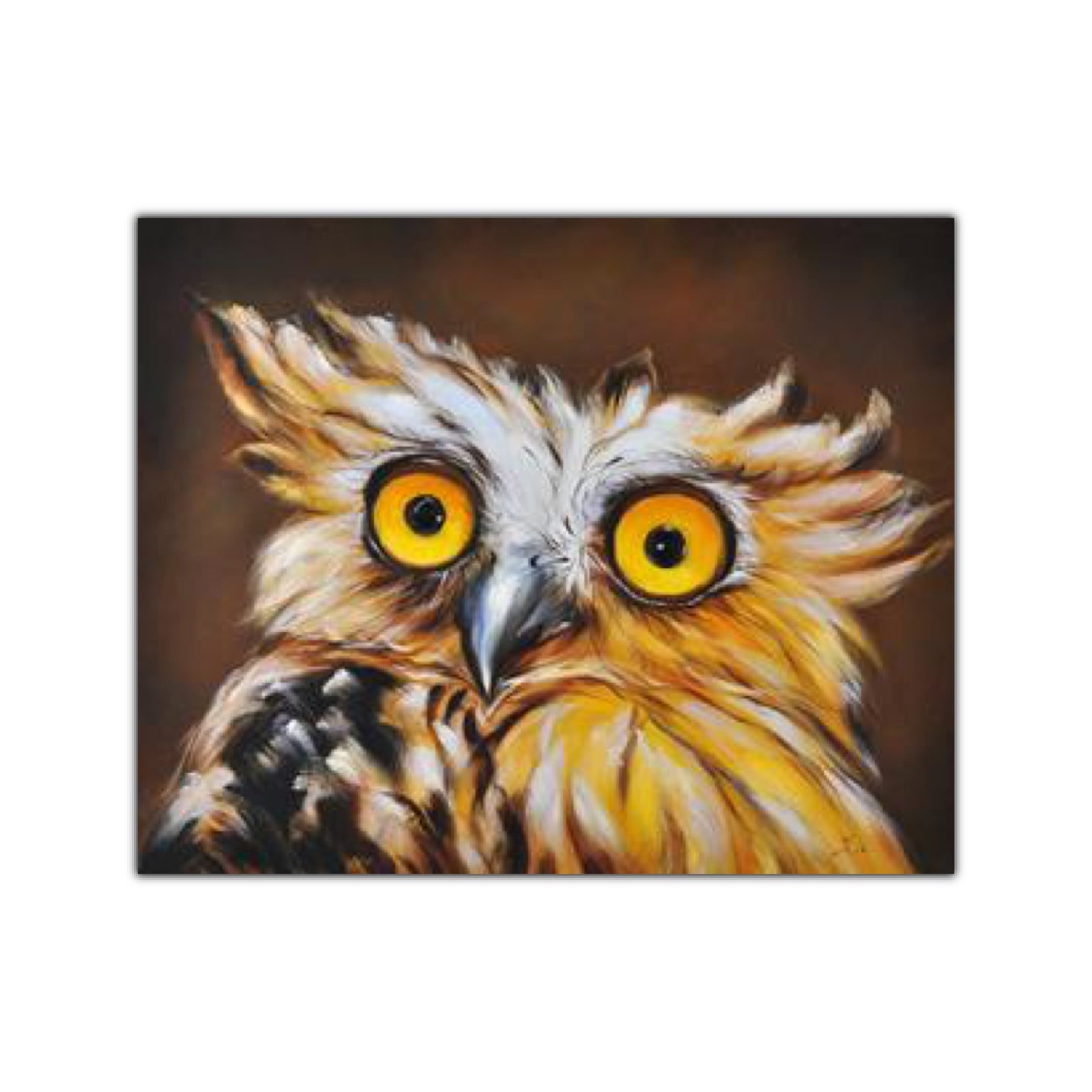 A hand-painted canvas artwork of an owl with a surprised expression, featuring prominent yellow eyes and brown feathers, gallery wrap stretched on a wood frame.