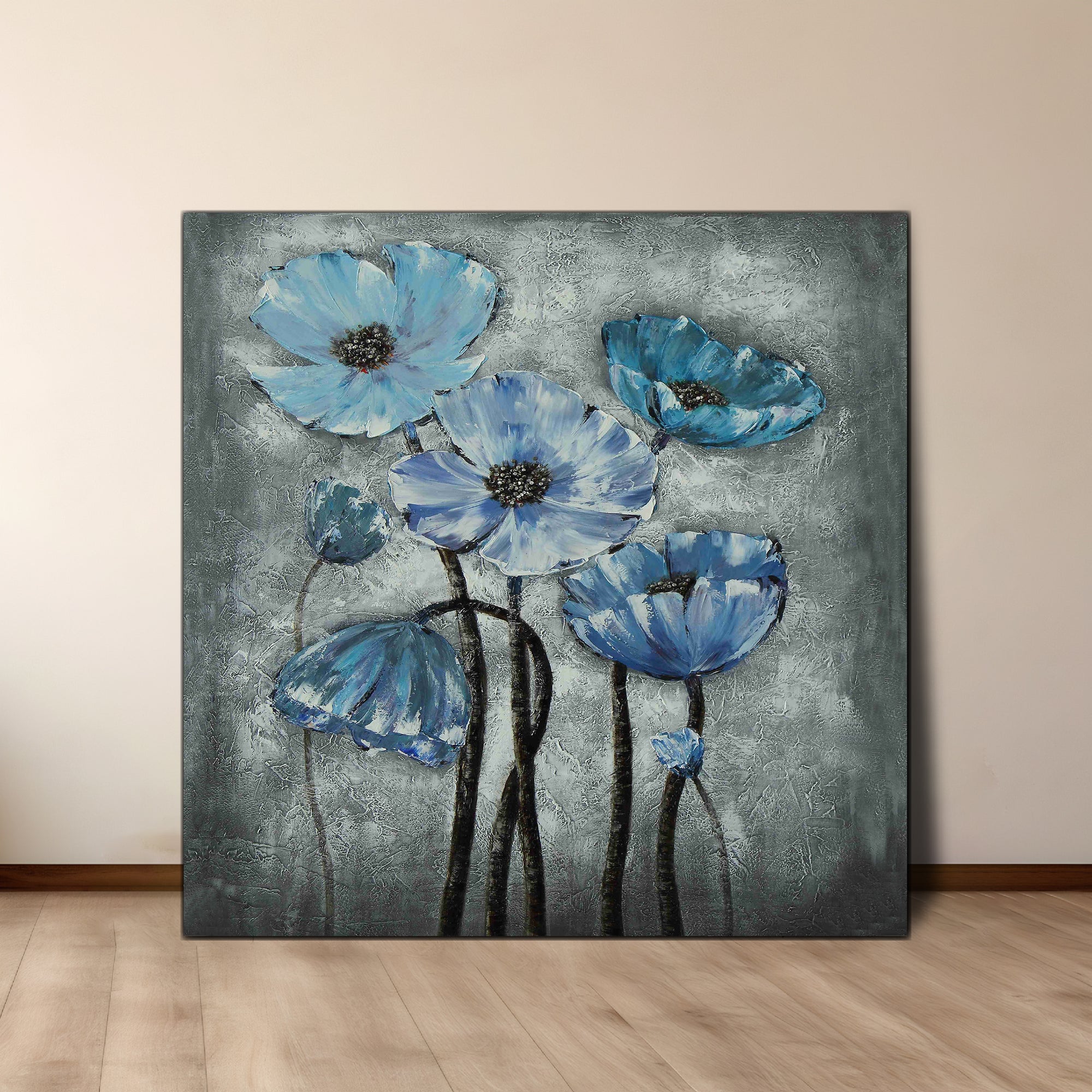 A vertical canvas painting featuring a stylized floral arrangement with blue orchids and black stems, set against a grey background.