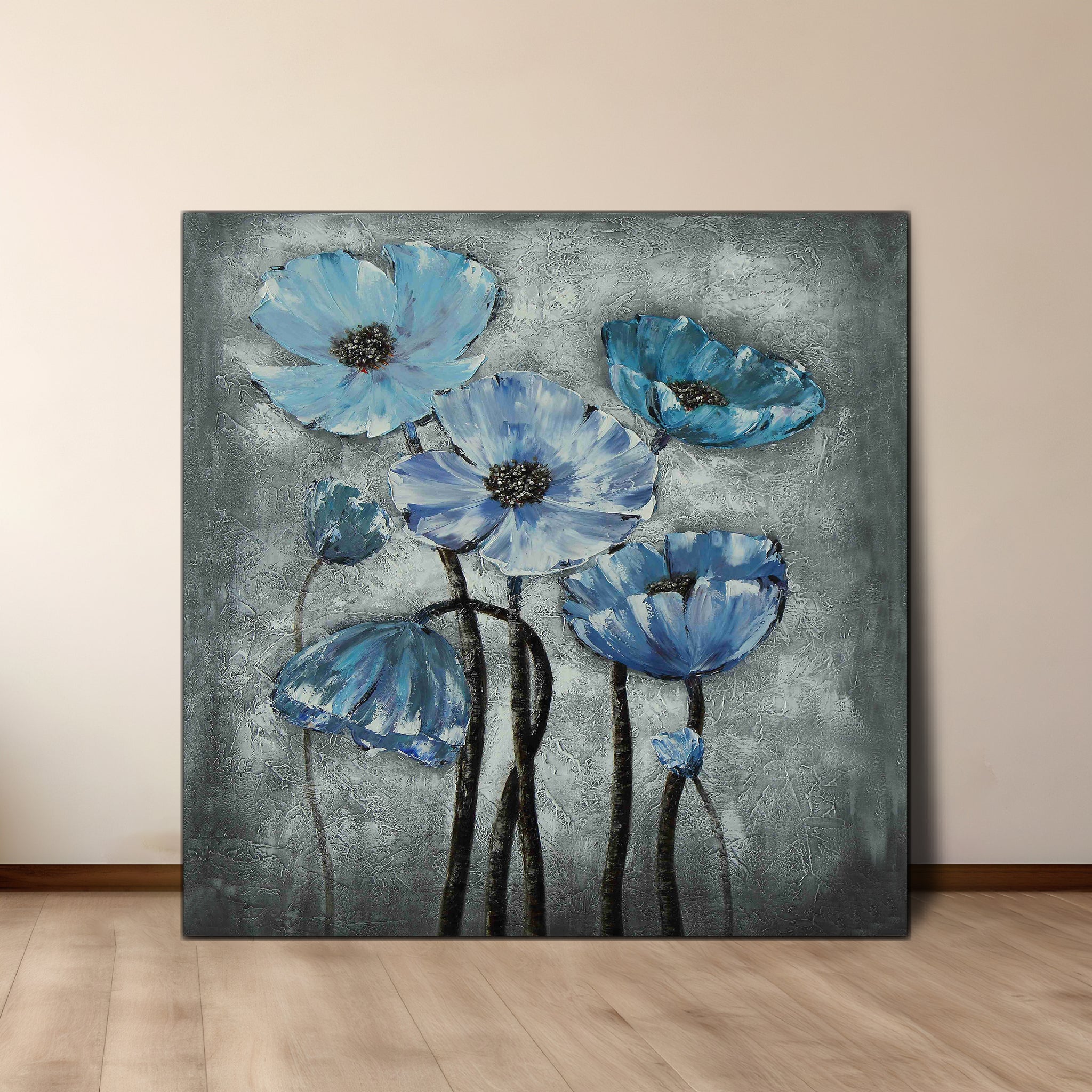 A vertical canvas painting featuring a stylized floral arrangement with blue orchids and black stems, set against a grey background.