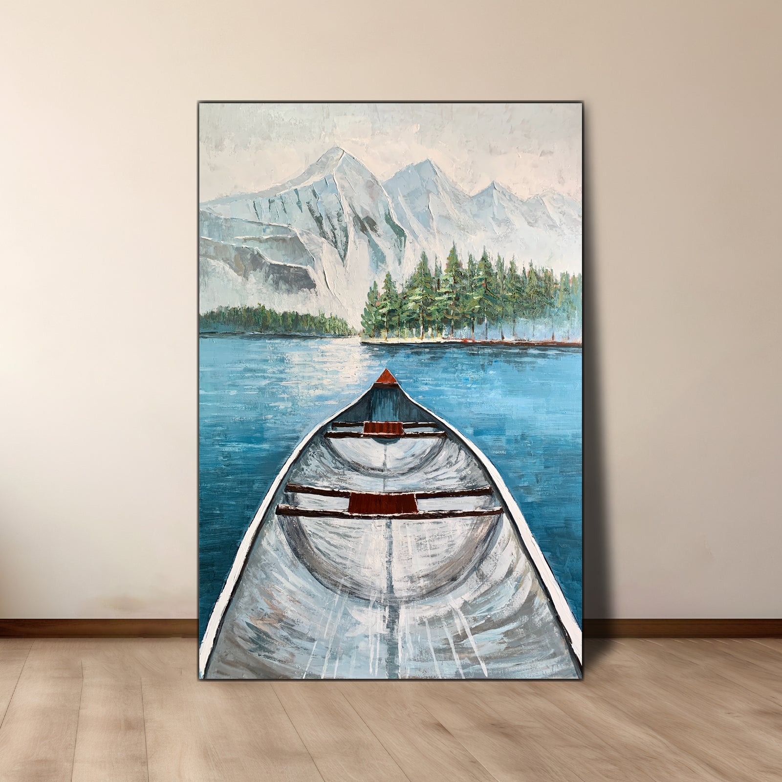 An oil painting on canvas featuring a sailboat on water with a mountain and forest in the background.