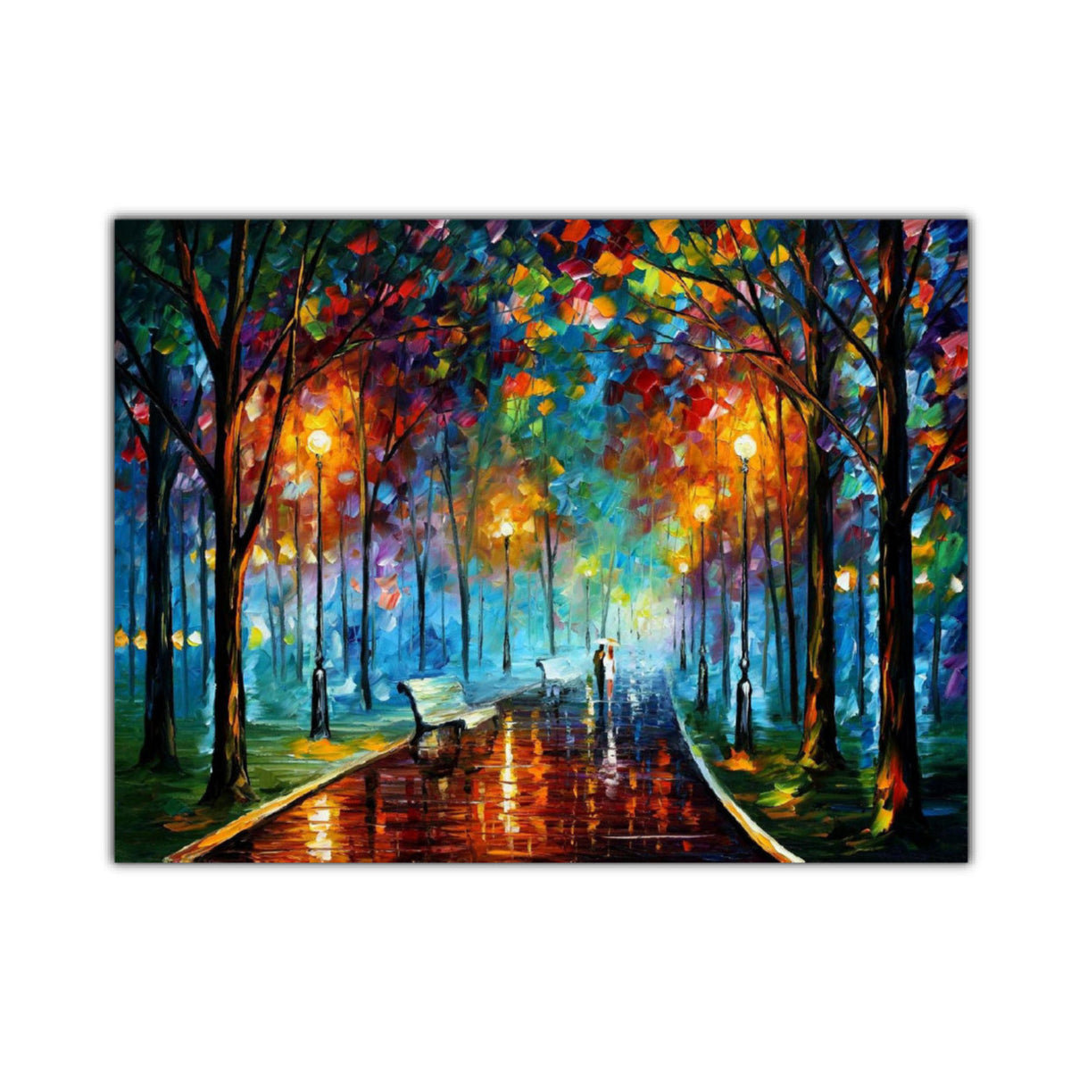 A colorful oil painting on canvas depicting a couple walking under an umbrella in a park with vibrant trees and street lights.