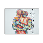 This image features an oil painting titled "Uncovered Temptation," which is a striking piece of abstract art depicting the theme of romance and physical intimacy. The artwork presents two figures in a passionate embrace, rendered in an abstract style using a palette of brown, white, and hints of other colors, creating a sense of movement and emotion.